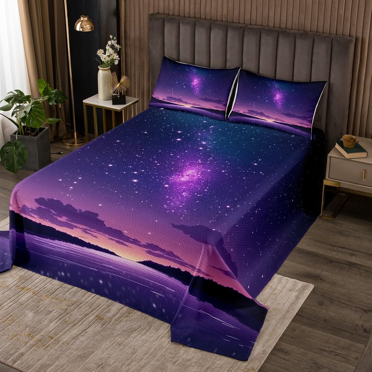 Homewish Purple Starry Sky Bedspread Queen Size,Mountain Night Scenery Bedding Set for Kids Boys Girls Room Decor,Galaxy Nebula Glitter Quilt 3Pcs,Nature Microfiber Coverlet Set,2 Pillowcases