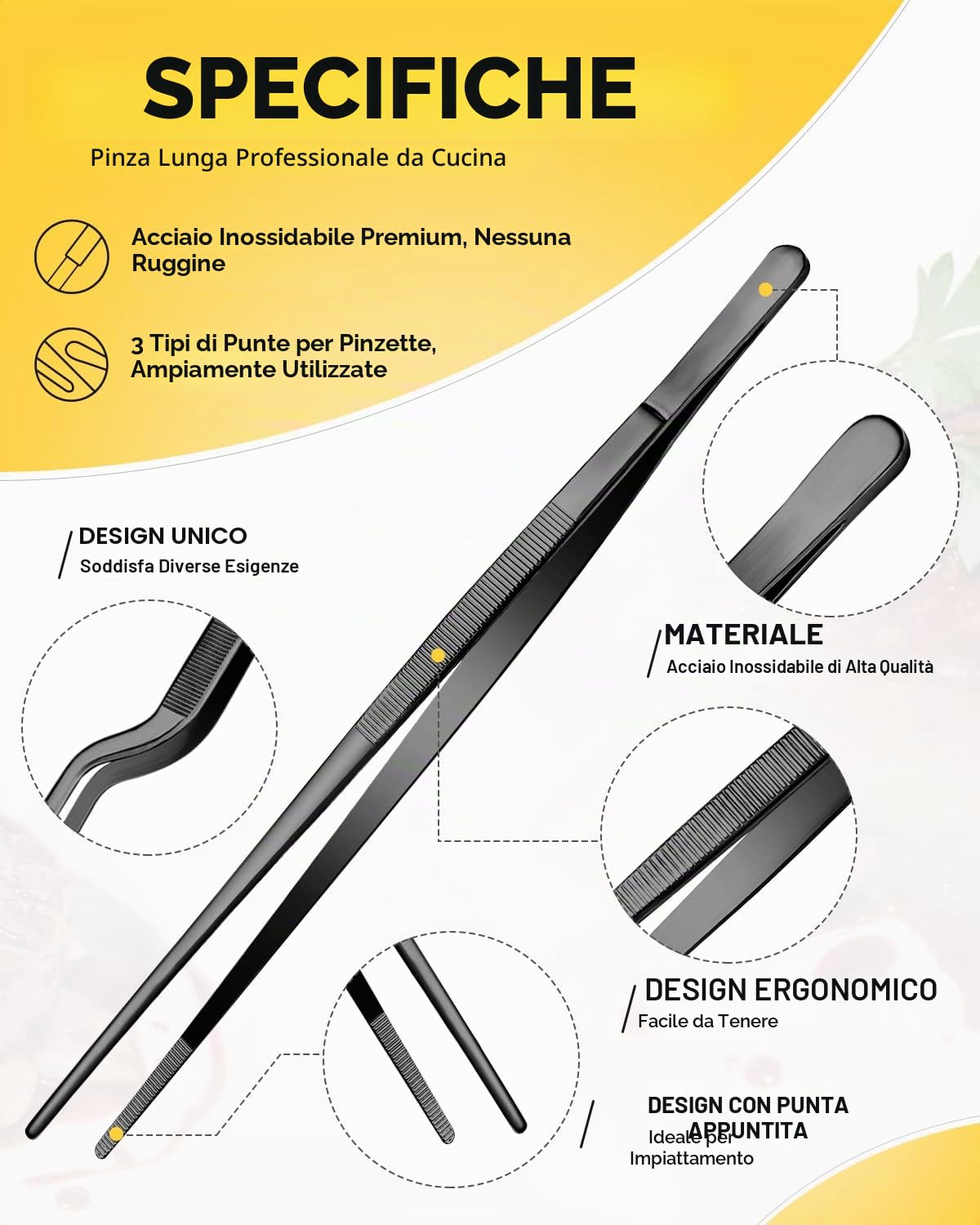 Set di pinzette da cucina, pinze professionali per alimenti in acciaio inox, pinzetta da cucina nera lunga per cucinare, impiattare, decorare e barbecue (NERO, 25,5 CM)