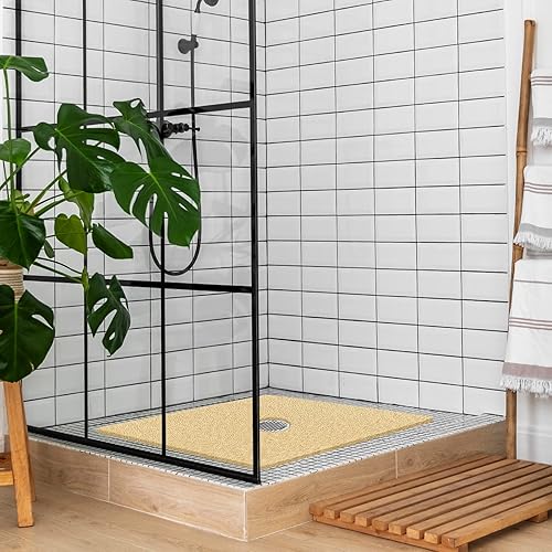 Miniatura 17 de Tapete de ducha antideslizante, 27 x 27 pulgadas, tapete de baño extra grande con drenaje, tapete cuadrado suave para ducha de lufa, tapete de Negro