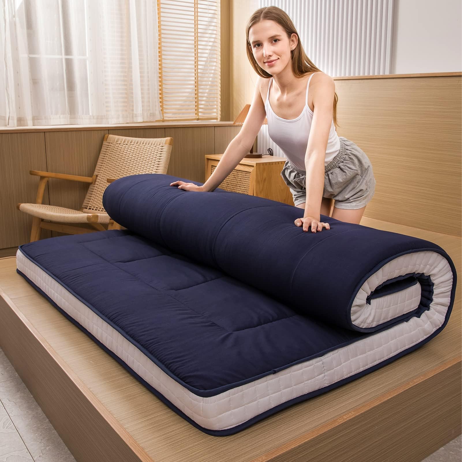 MAXYOYO Japanese Floor Mattress Futon Mattress Twin Bed Mattress, Single Mattress Pad Guest Mattress Floor Bed Mattress, Easy to Foldable and Portable, Navy Futon Twin Mattress