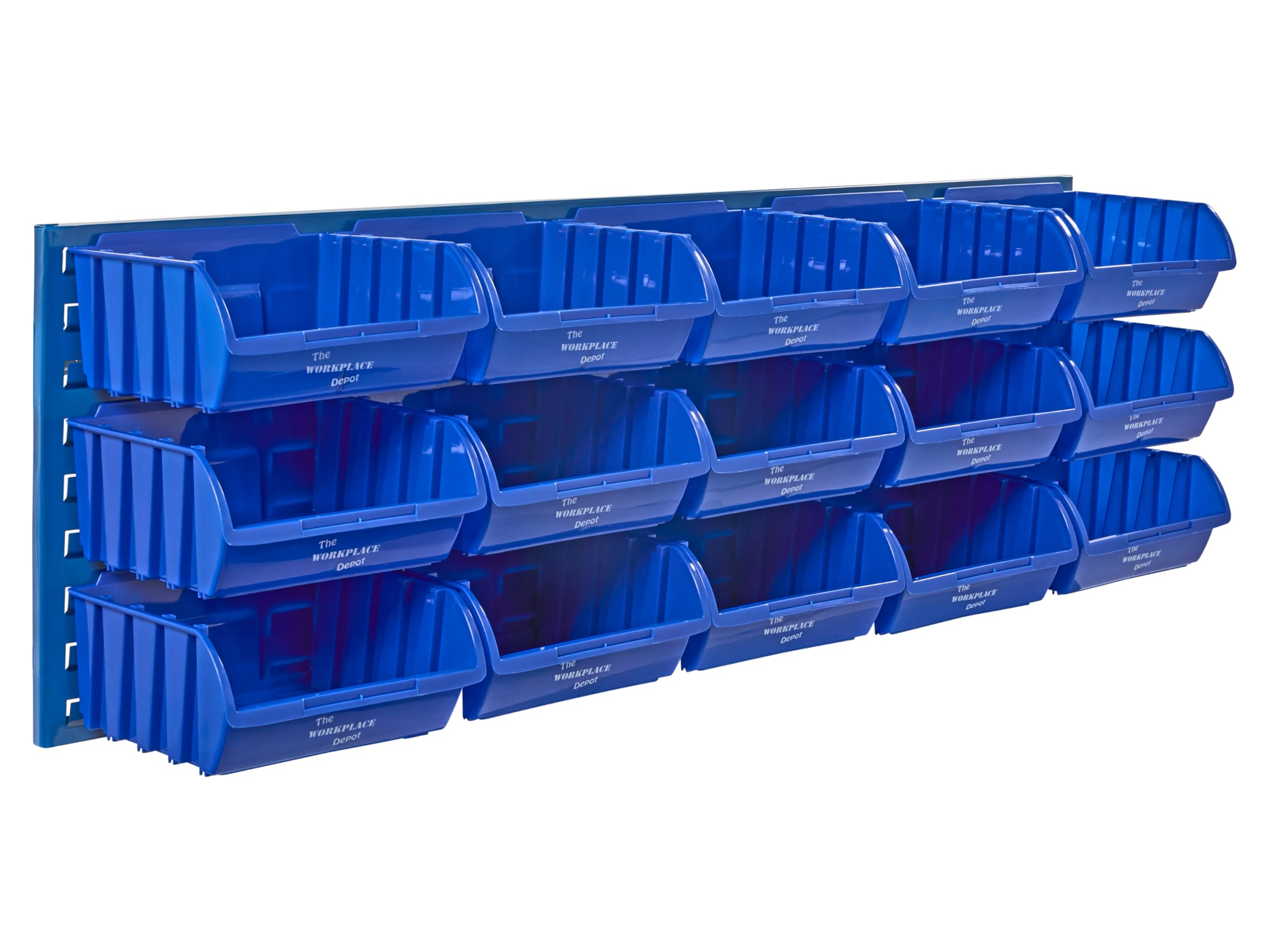 The Workplace Depot Louvre Panel & Bins Kit – Steel Wall-Mounted Storage Organiser 460(H) × 1490(W) mm with Plastic Bins – Ideal Workshop, Garage & Office (Blue, with x15 Large Bins)