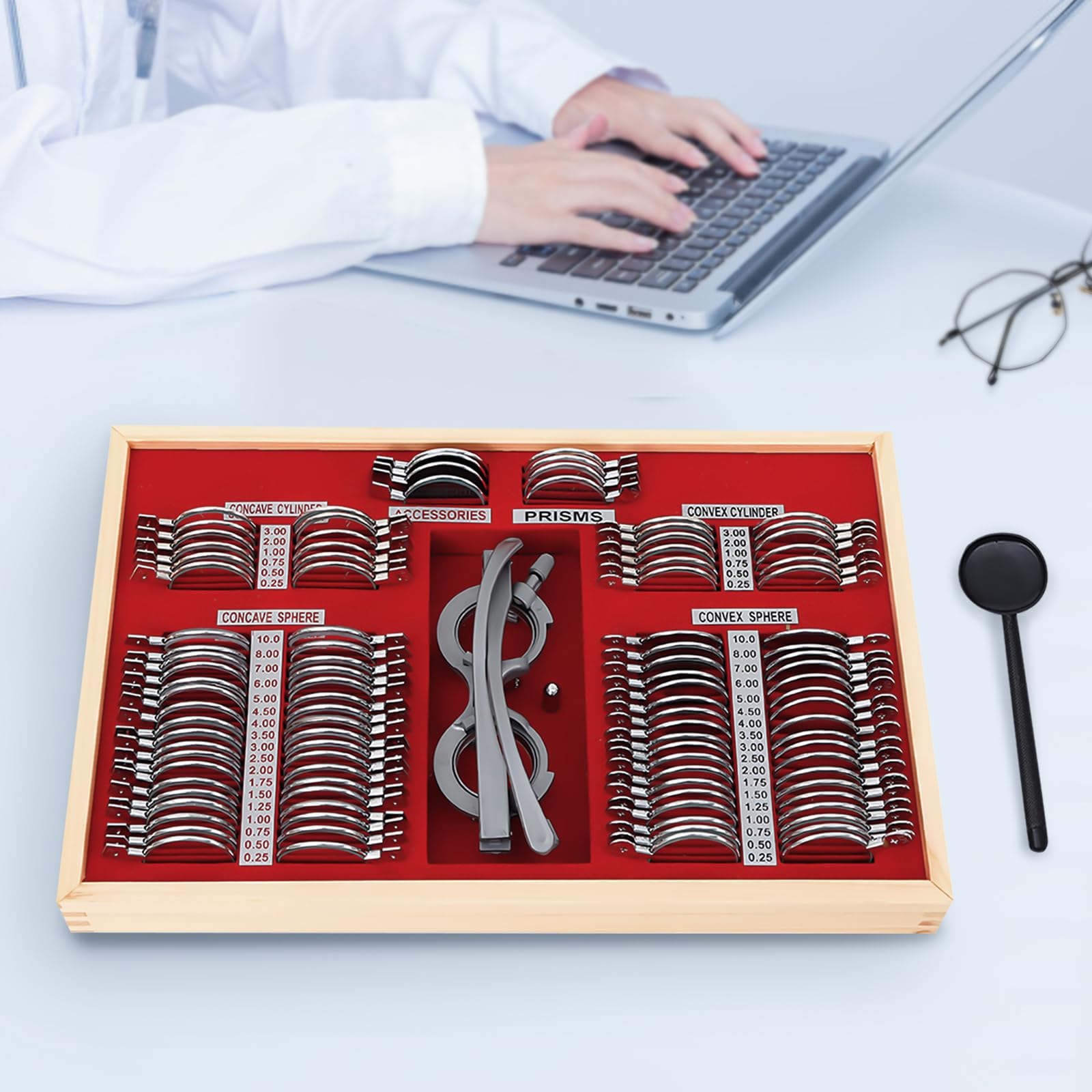 Set di lenti di prova, 104 pezzi, set di lenti di prova ottiche, lenti di prova in metallo, ottiche, per ipermetropia, miopia e astigmatismo