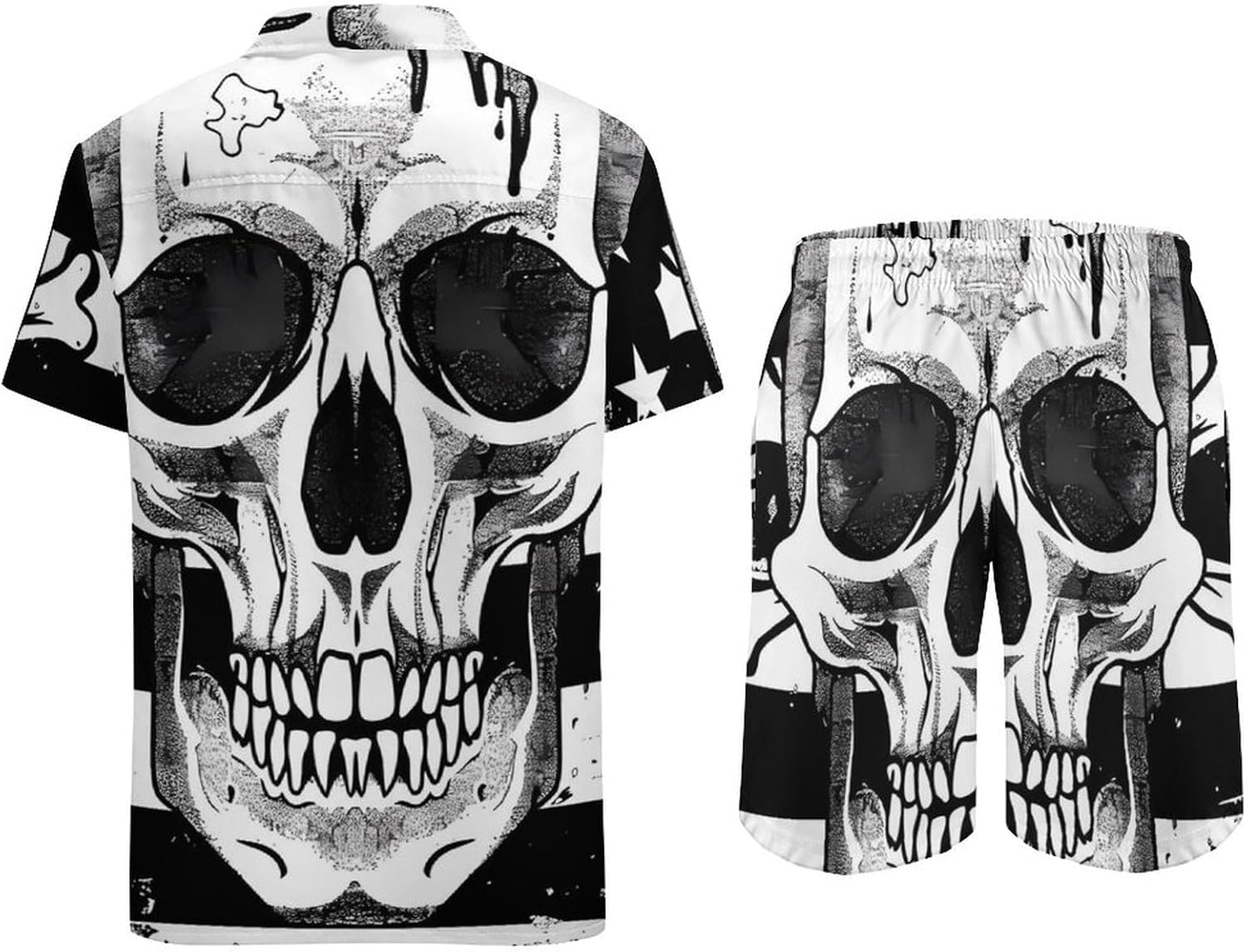 Black White US Flag with Skull Men's Summer Beach Outfits Shirt And Shorts Set 2 Piece Vacation Swimwear