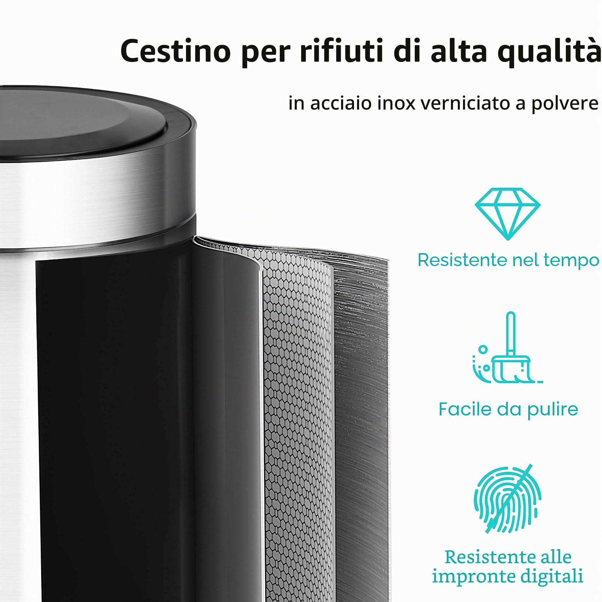 Ribelli Pattumiera in acciaio inox, con sensore, apertura e chiusura automatica, secchio interno per sacchetti della spazzatura, coperchio rimovibile, con indicatore LED, grigio opaco
