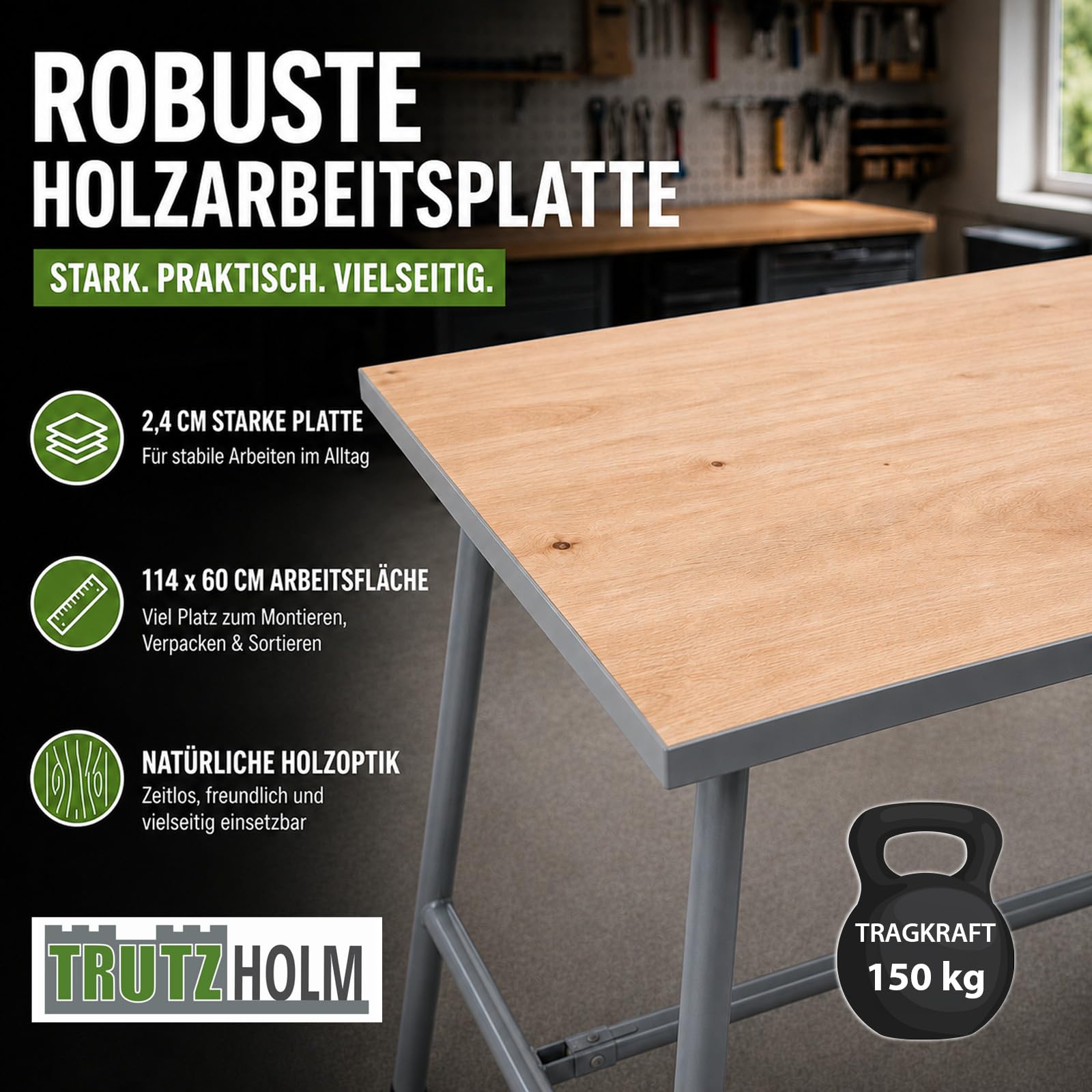 TRUTZHOLM Werkbank klappbar 114x60x84 cm Stabiler Werktisch bis 150 kg pulverbeschichtetes Stahlgestell grau mit 2,4 cm Holzarbeitsplatte Klappwerkbank Arbeitstisch für Werkstatt Garage Montage Lager