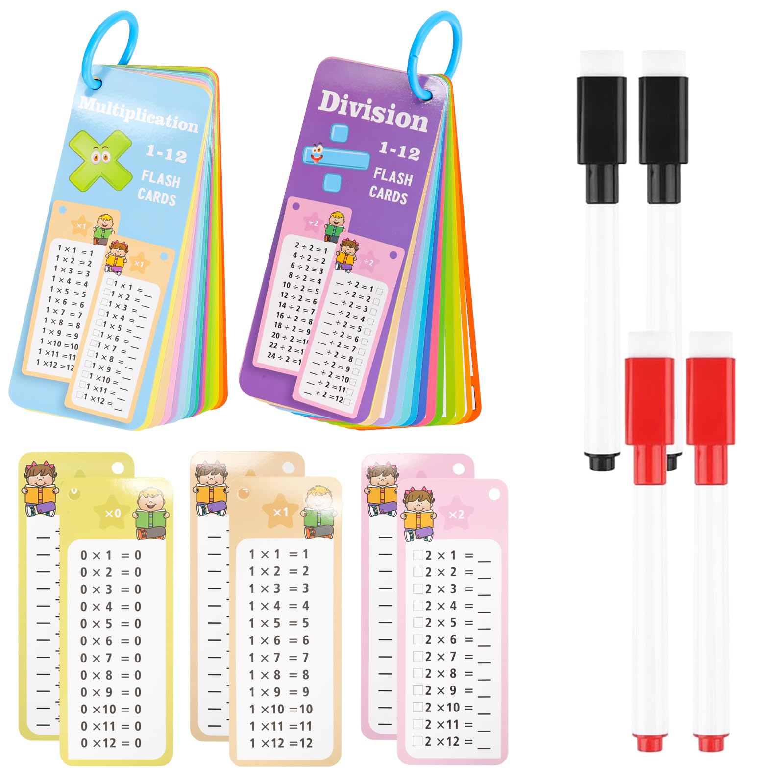 Multiplication and Division Flash Cards 30Pcs 1-12 Math Times Table Flashcards with 4 Dry Erase Pens 2 Rings for 1st to 3rd Grades Classroom Home