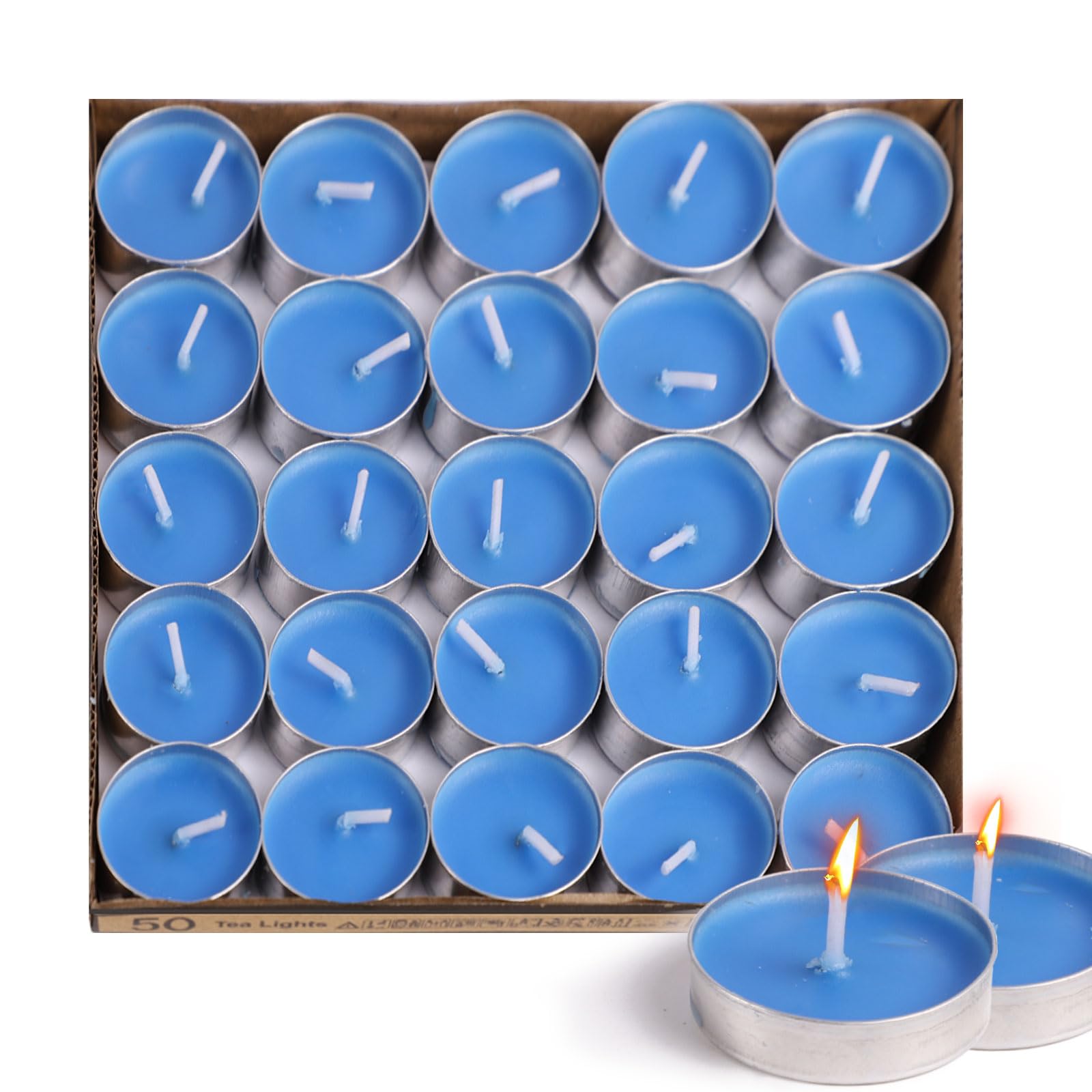 Tea Candles Swgraromlick 50 PCS Unscented Smokeless Tealight with Cotton Wick for Home Poo Wedding Christmas Shabbat 2 Hour Burn Time (Blue)