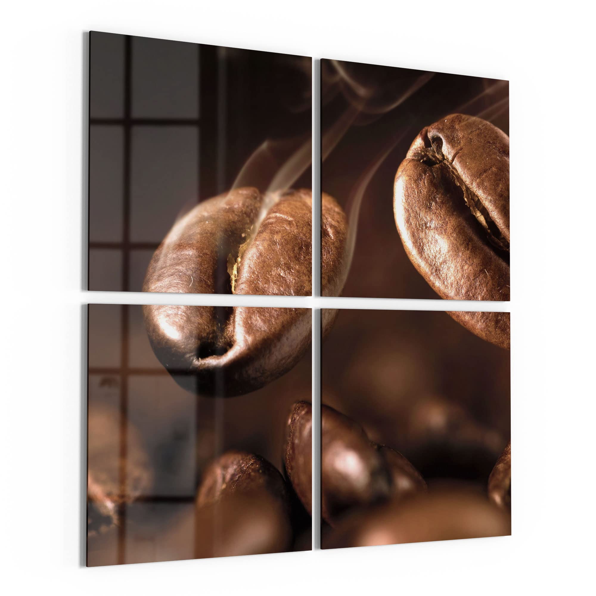 DEQORI Obrazy na szkle z prawdziwego szkła, motyw pachnących ziaren kawy, kwadratowe, 4-częściowe, 100 x 100 cm, duża dekoracja XXL, obrazy ścienne do salonu, sypialni, przedpokoju i kuchni, nowoczesna dekoracja ścienna