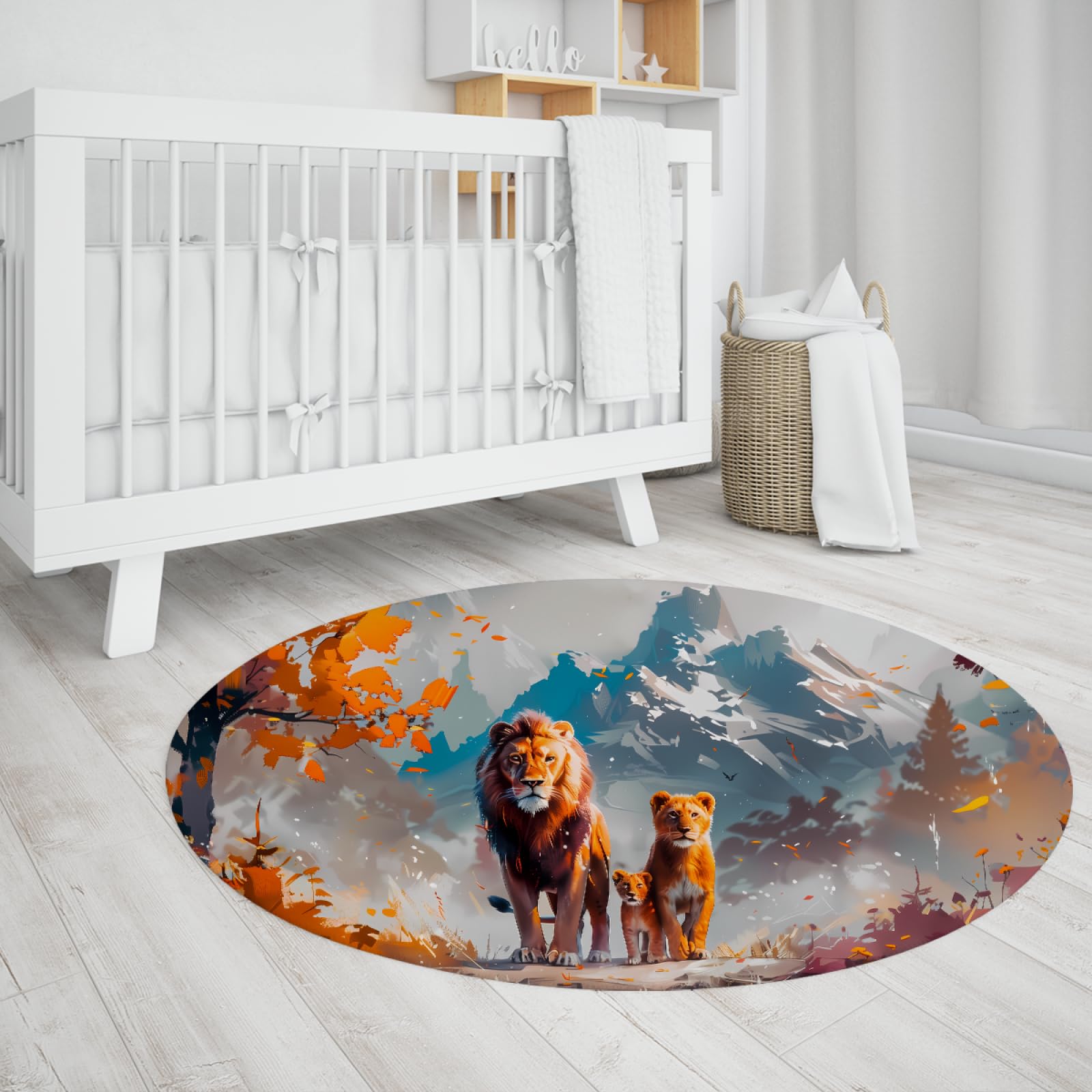Tapis rond famille lion 140cm lavable mince fin pour un salon propre et chic