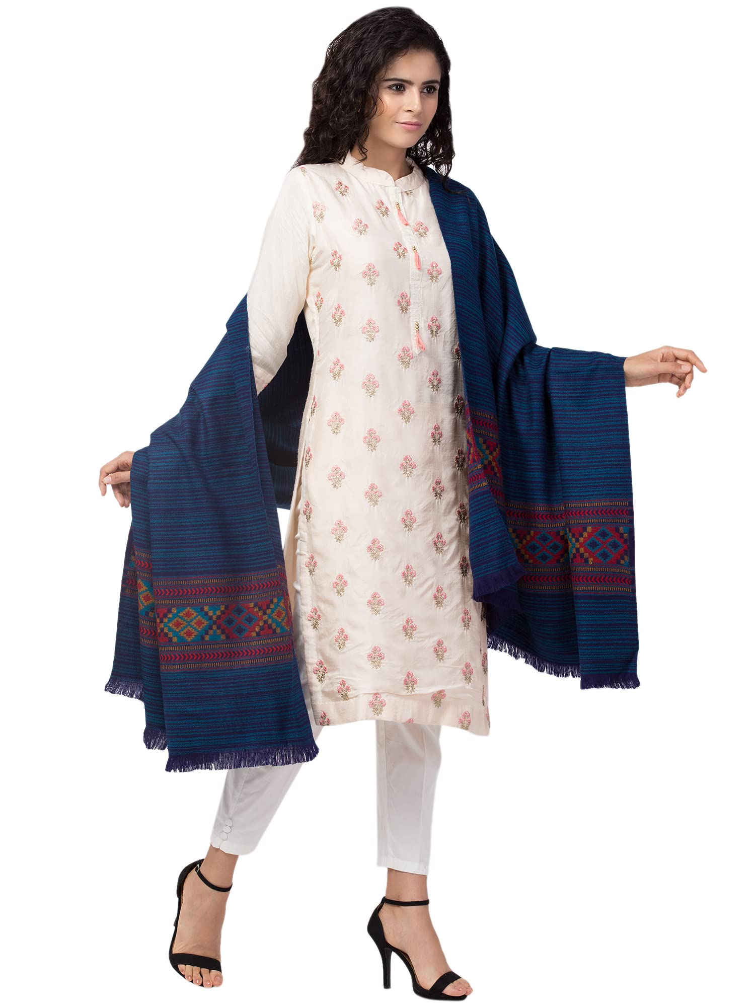 tweedle Women's Warm Woolen Kullu Shawl/Stole for Winters, Reversible, Traditional Himachali Design - Blue (Size β 40 x 80 inches) 2