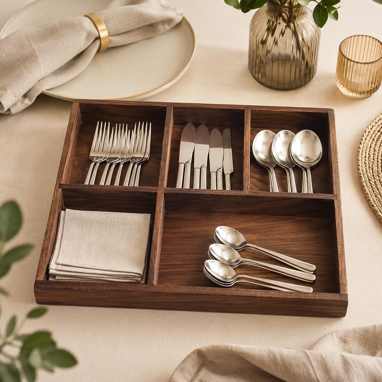 VALICLUD Black Walnut Cutlery Storage Box 24x16.8x2.5cm Solid Wood Tableware Organizer Tray Desktop Drawer Utensil Holder for Kitchen image 3