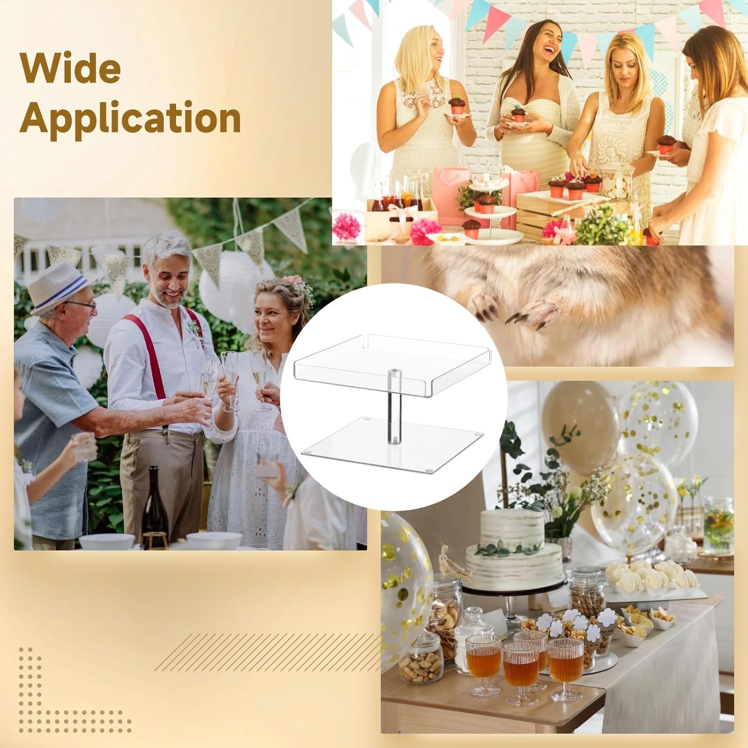3 Piece Clear Acrylic Cupcake Stand Set, Tiered Dessert Display Risers, Square Serving Trays With Non-Slip Pads & Guard Edges, Includes Stainless Steel Food Tongs For Weddings And Birthdays