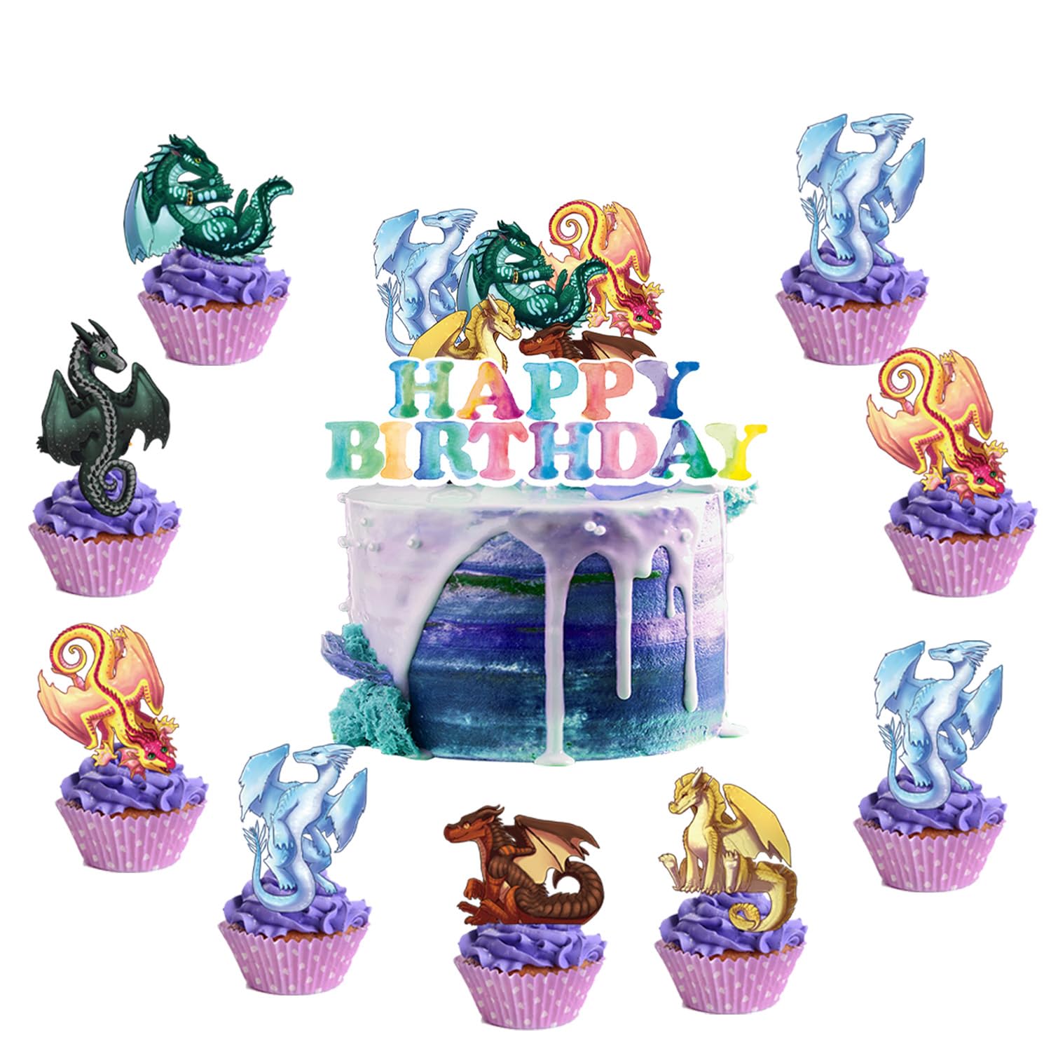 Jlemon 25Pcs Wings of Fire Party Cake topper Dragon Theme Cake Decorations with 24pcs Cupcake Toppers, 1pcs Big Cake Topper for Wings of Fire Birthday Party Supplies