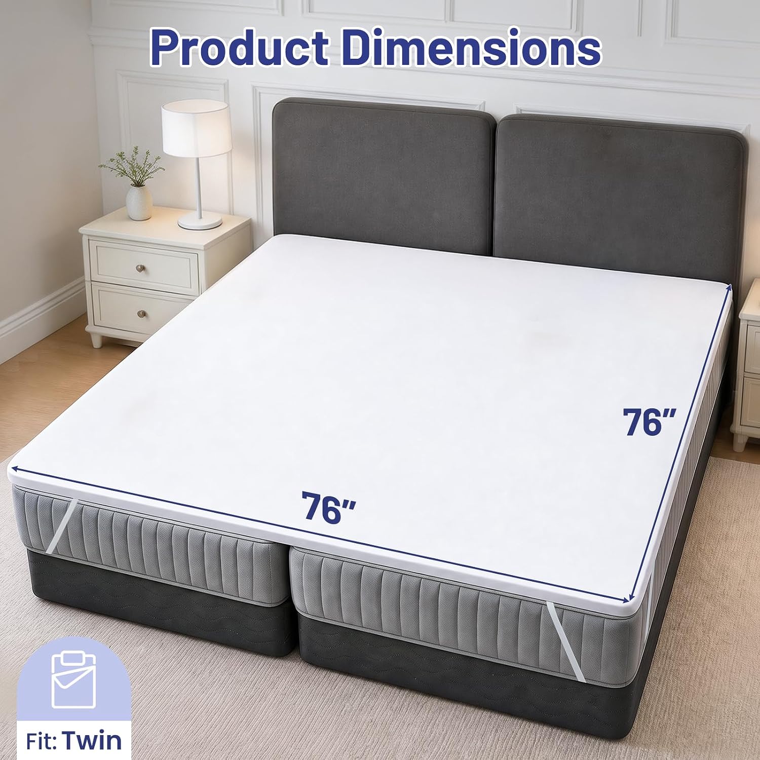 ENITYA 76"Lx76"W Twin to King Mattress Topper with Washable Cover, White