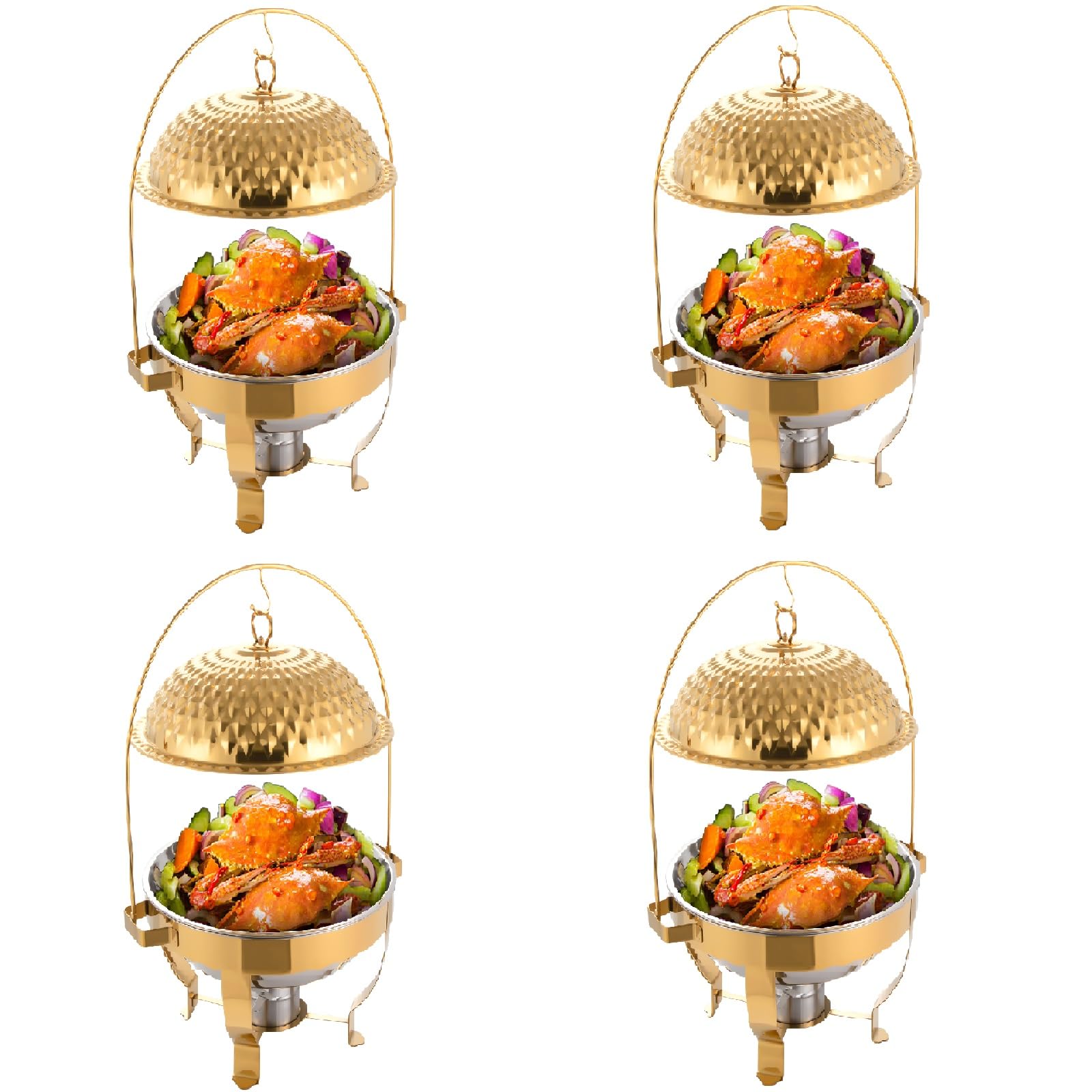 Chafing Dishes for Buffet Set of 4, 8.5Qt /8L Stainless Steel Round Buffet Chafer, Gold Hanging Lid Dining Stove, Buffet Server and Warmer Set, Countertop Warming Tray for Parties, Dishwasher Safe
