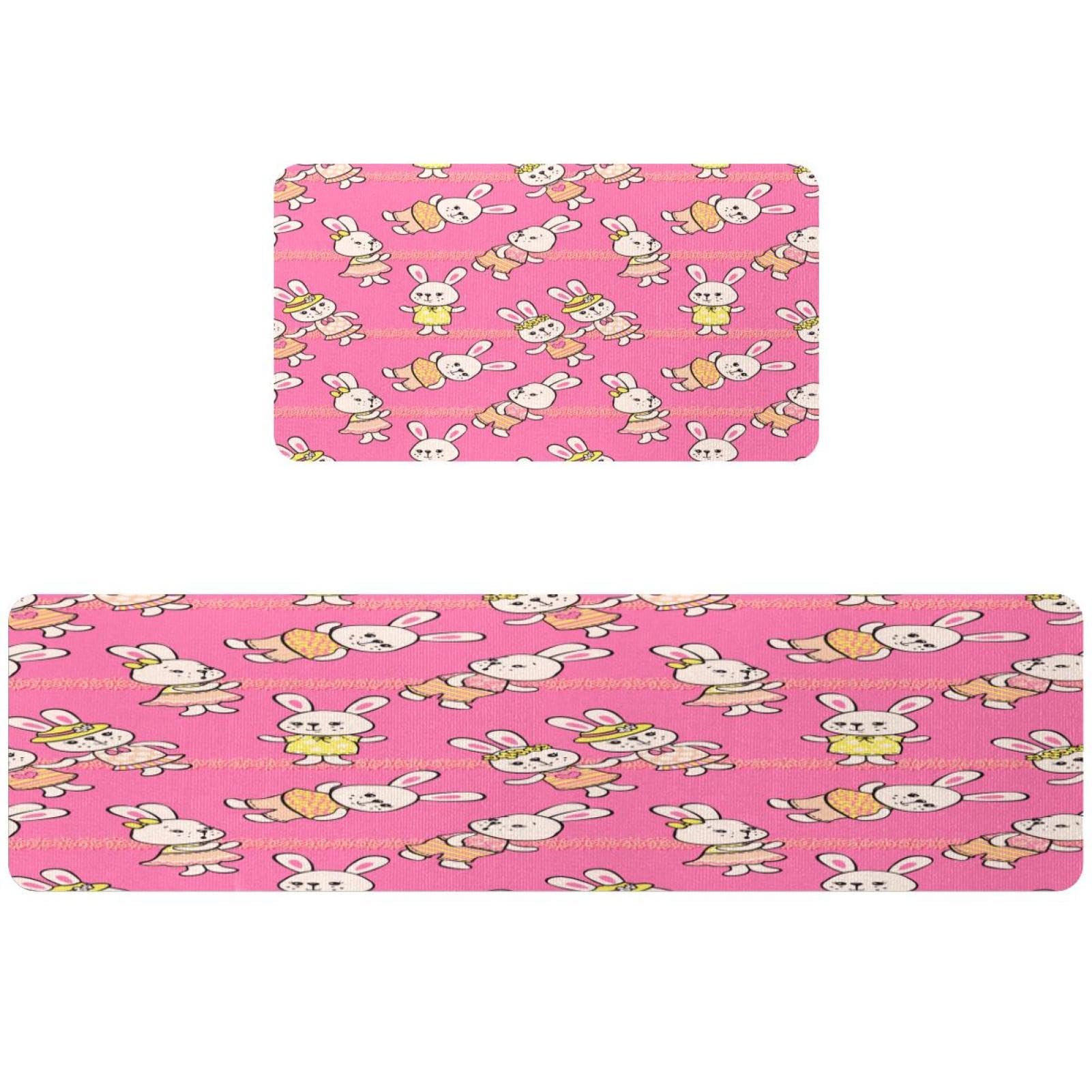 Tapete de cocina de 2 piezas rosa antideslizante lavable alfombra pasillo conejos