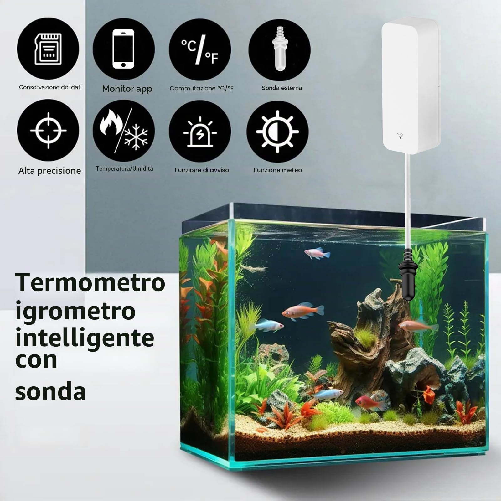 Termometro igrometro Smart con sonda, misuratore di temperatura e umidità per acquario WiFi con monitoraggio remoto tramite app, sensore di temperatura per frigorifero interno, compatibile Alexa. 4PCS