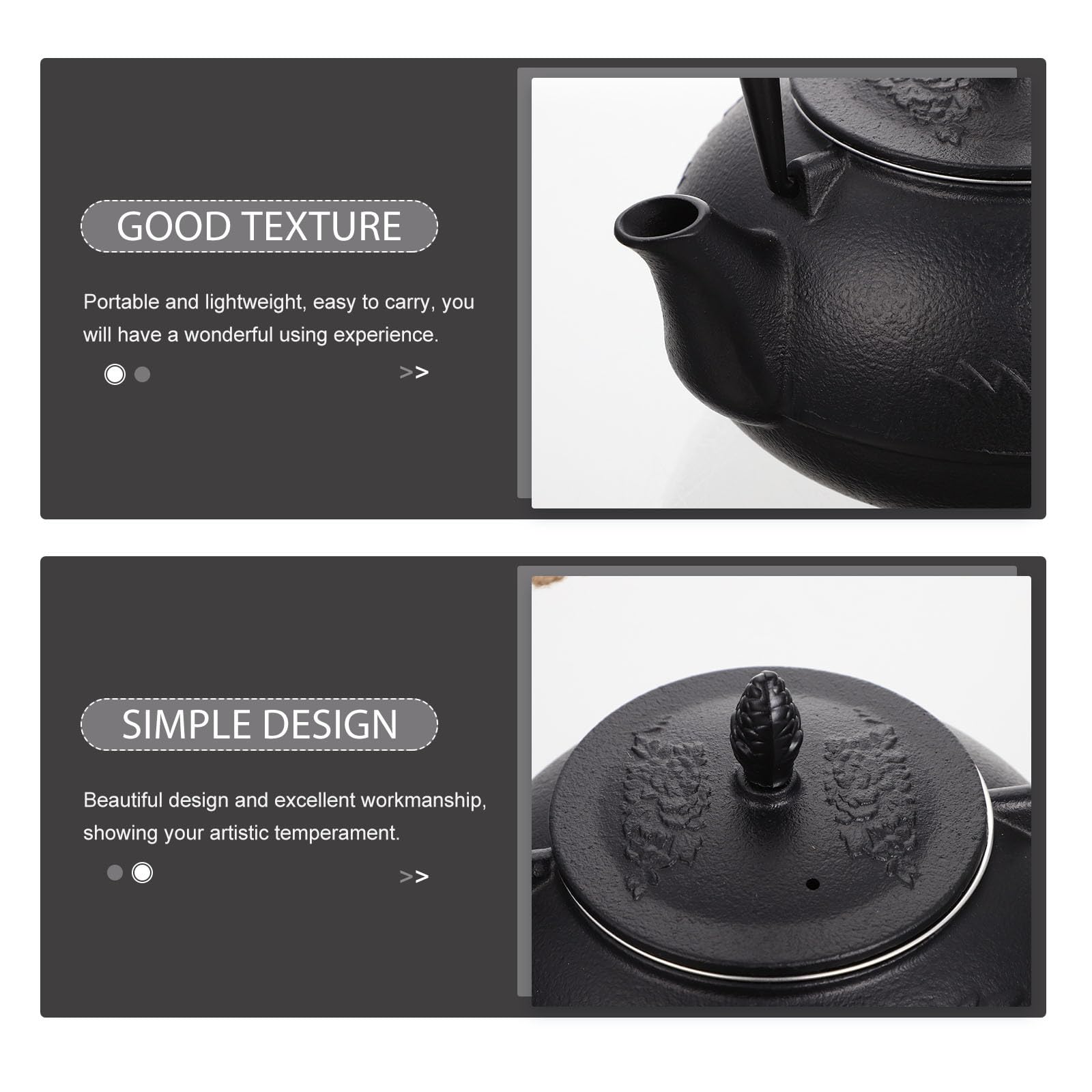 Tetera de Hierro Fundido 900ml Negro para Calentar Agua | Tapa Incluida, Portátil y Ligera, para Preparar Té o Sopa Instantánea, Acabado de Excelente Workmanship