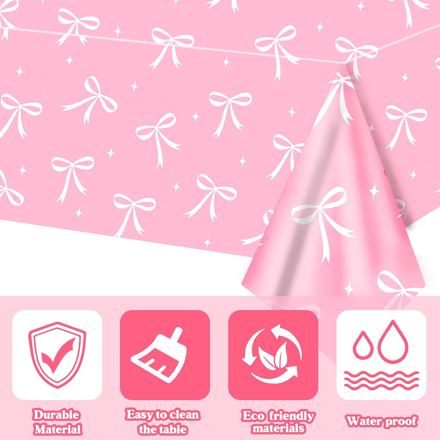 3Pcs Pink Bow Tablecloth, Bow Birthday Decorations, Coquette Disposable Table Cover for Wedding Engagement Bridal Birthday Decorations (54 x 108 Inch)
