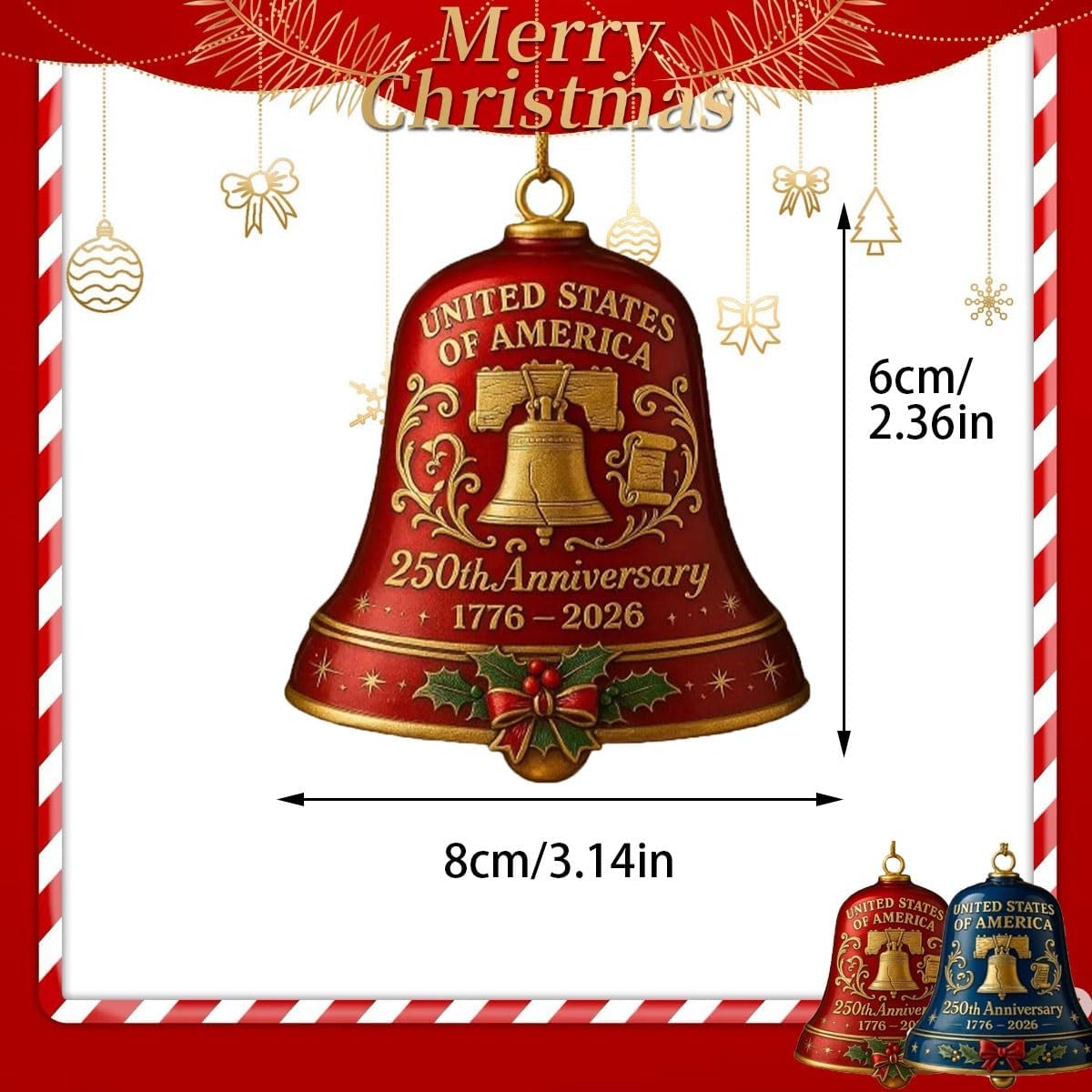 United States 250th Anniversary Bell Ornament, Handmade Metal Guardian Bell Christmas Tree, Hanging Decor for Home Garden Patriotic Collectors Gift Commemorative Outdoor Decor(Red,5pcs)
