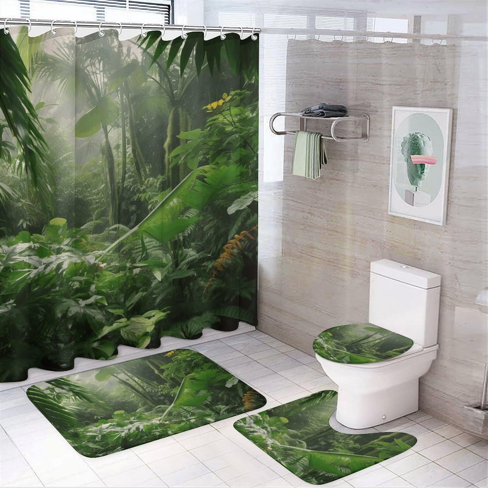 Rideau de douche et tapis forêt tropicale : ensemble de bain 4 pièces