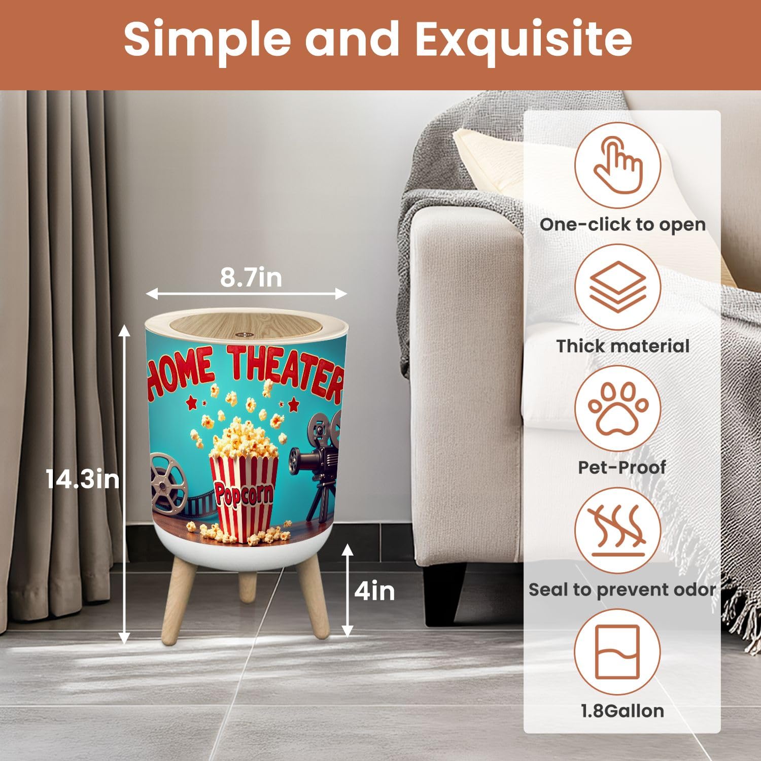 Small Trash Can with Lid Classic Fashion Cinema Film Reels Bar Pub Popcorn Reel Projector 1.8 Gallon Dog Proof Trash Can Round Garbage Can Waste Bin Wastebasket for Bathroom Bedroom Living Room