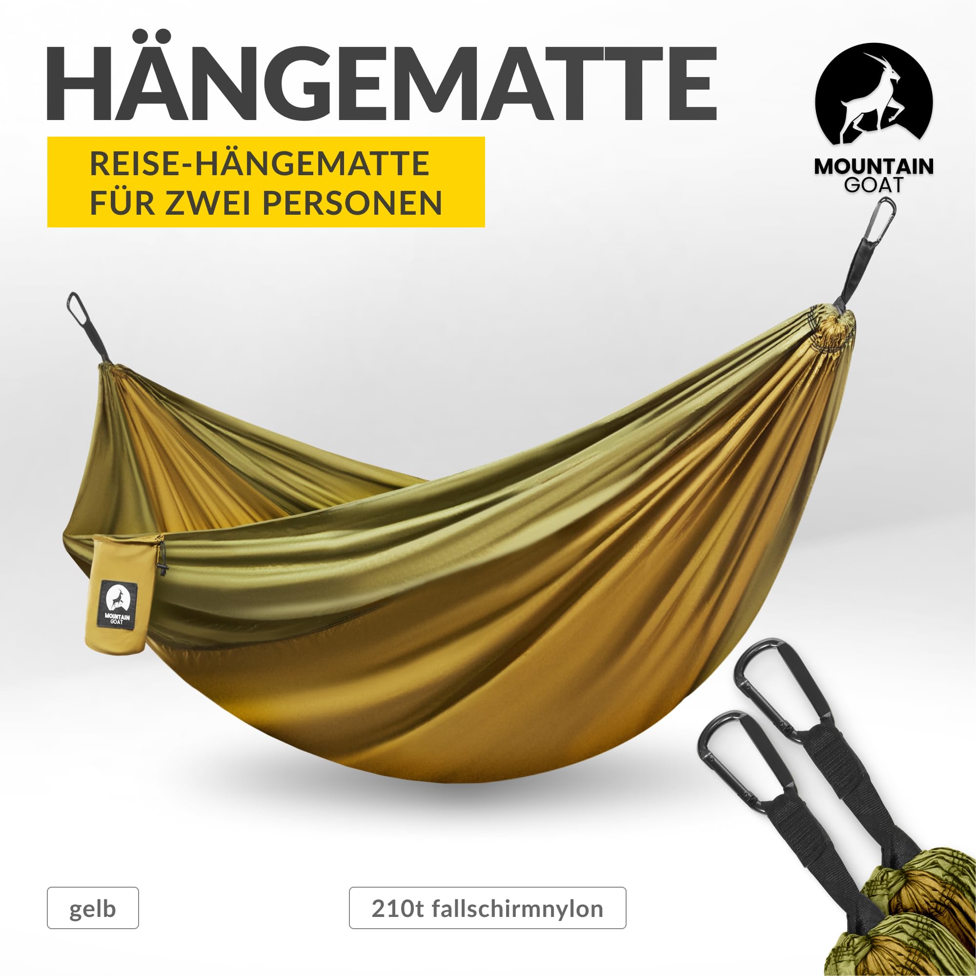 MOUNTAIN GOAT Hängematte Outdoor für 2 Personen, 300 × 200 cm, Doppelhängematte mit Befestigungs-Set, Nylon Camping Reisehängematte, 200 kg Belastung, Grün
