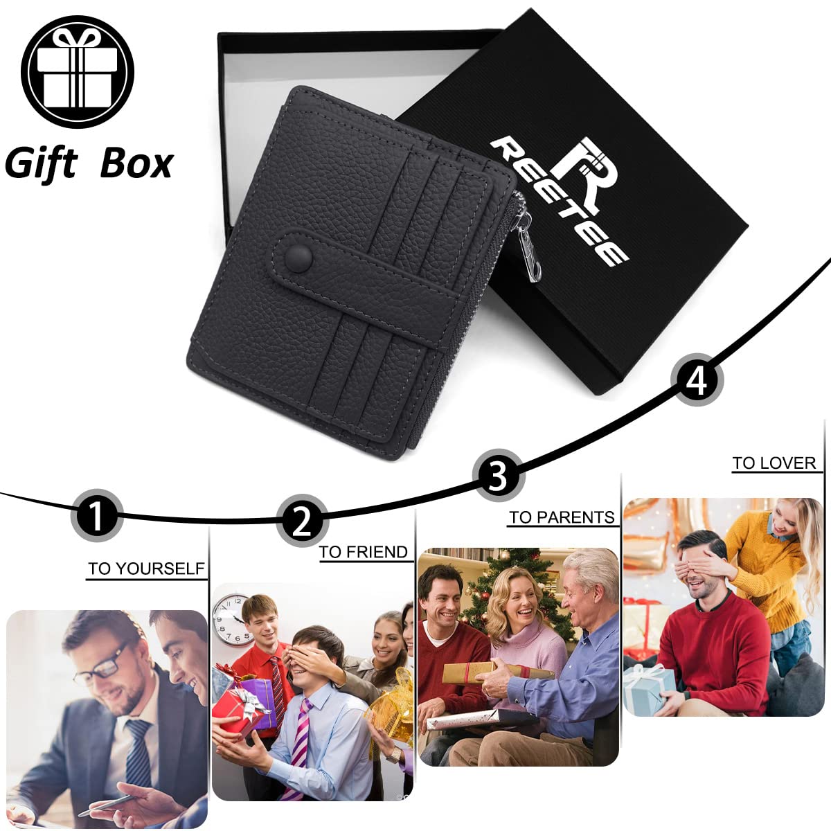 REETEE Portfel damski i męski, mały, z prawdziwej skóry, etui na karty, ochrona RFID, 14 przegródek na karty, Slim Wallet na prezent, czarny, M, minimalizm