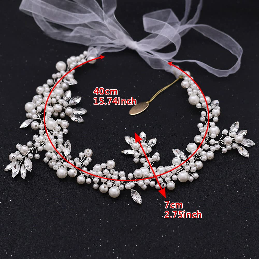 2 Pezzi Donna Accessori Acconciature Sposa Bianche Fascia Capelli Vite a Pelo Breve Cerchietti Damigelle - Gioielli per Testa Dorati Ragazza in Perle e Strass(40cm/15,7 Pollici)