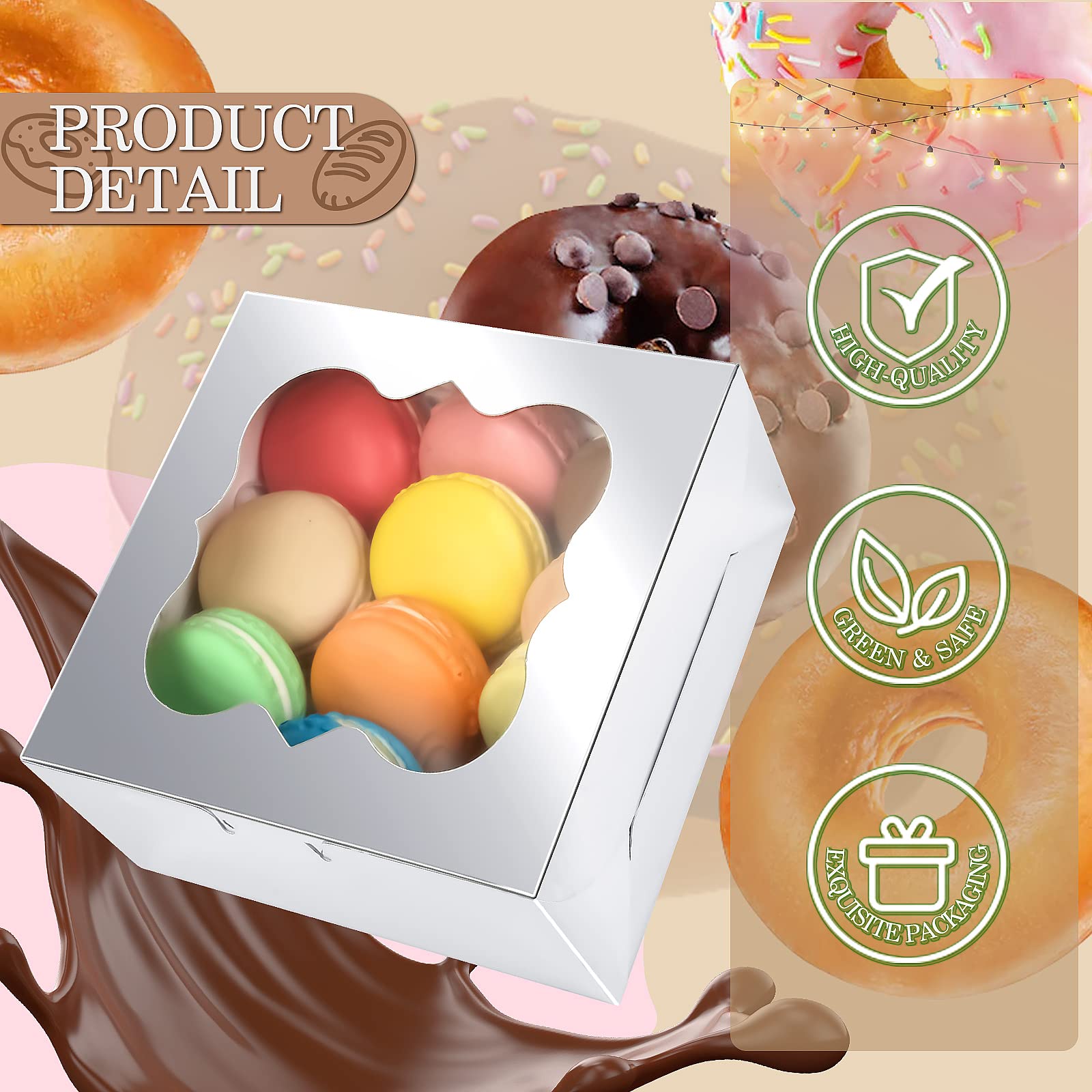 KPOSIYA 65 cajas de panadería con ventana de 6 x 6 x 3 pulgadas, 5 estilos de cajas de galletas pequeñas para dulces, postres, pasteles, donas, fiesta de cumpleaños, boda (plata)