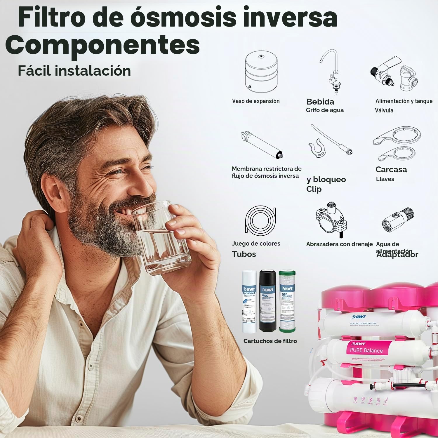 BWT Ósmosis Inversa Doméstica PURE Balance, 6 etapas, 280 L/día, elimina 99,9 % impurezas, proporción agua pura/drenaje 1:1, instalación bajo fregadero