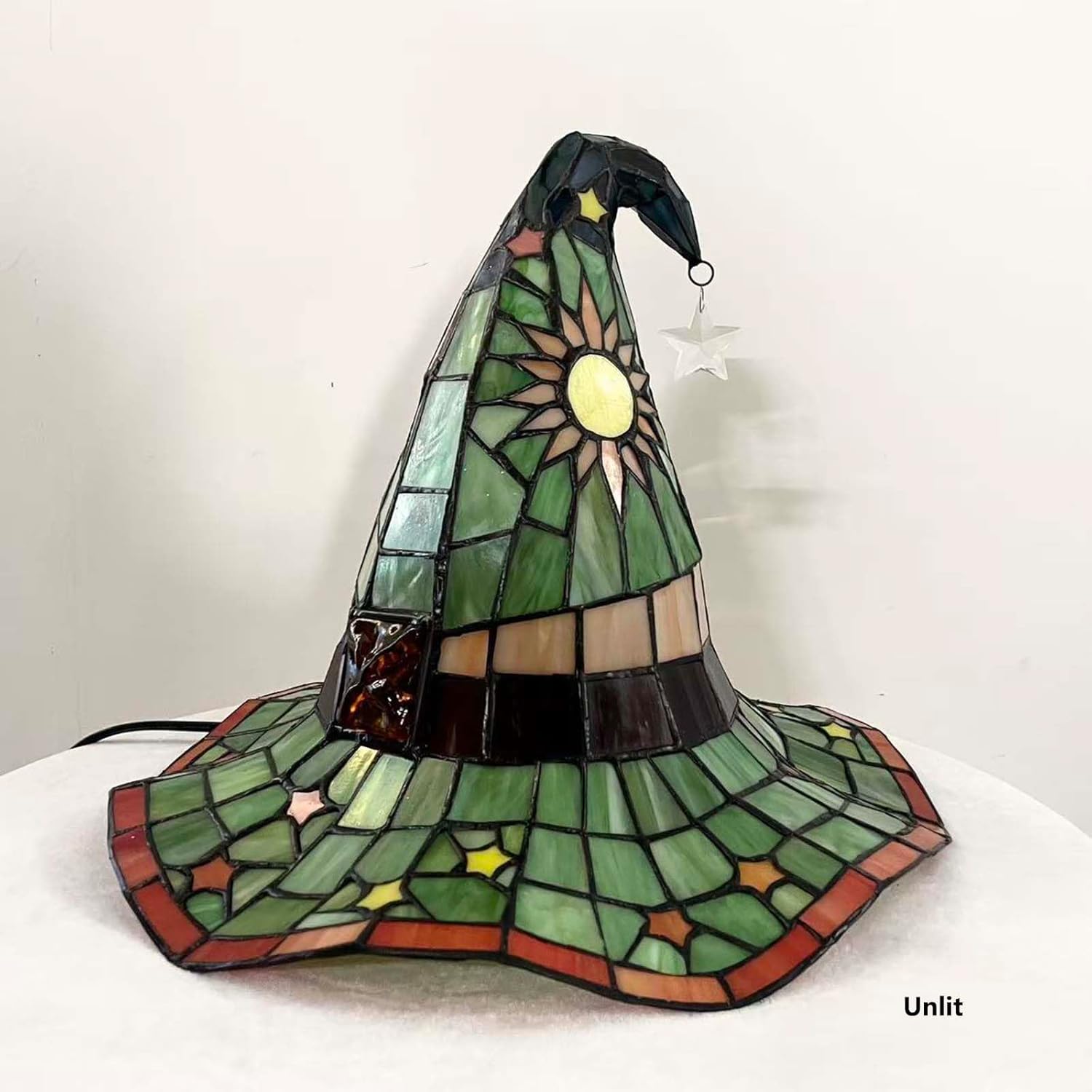 Bieye L13011 Tiffany Style Stained Glass Wizard Hat Table Lamp with Hanging Star, Handcrafted Fantasy Witch Hat Accent Light for Magical Home & Halloween Décor