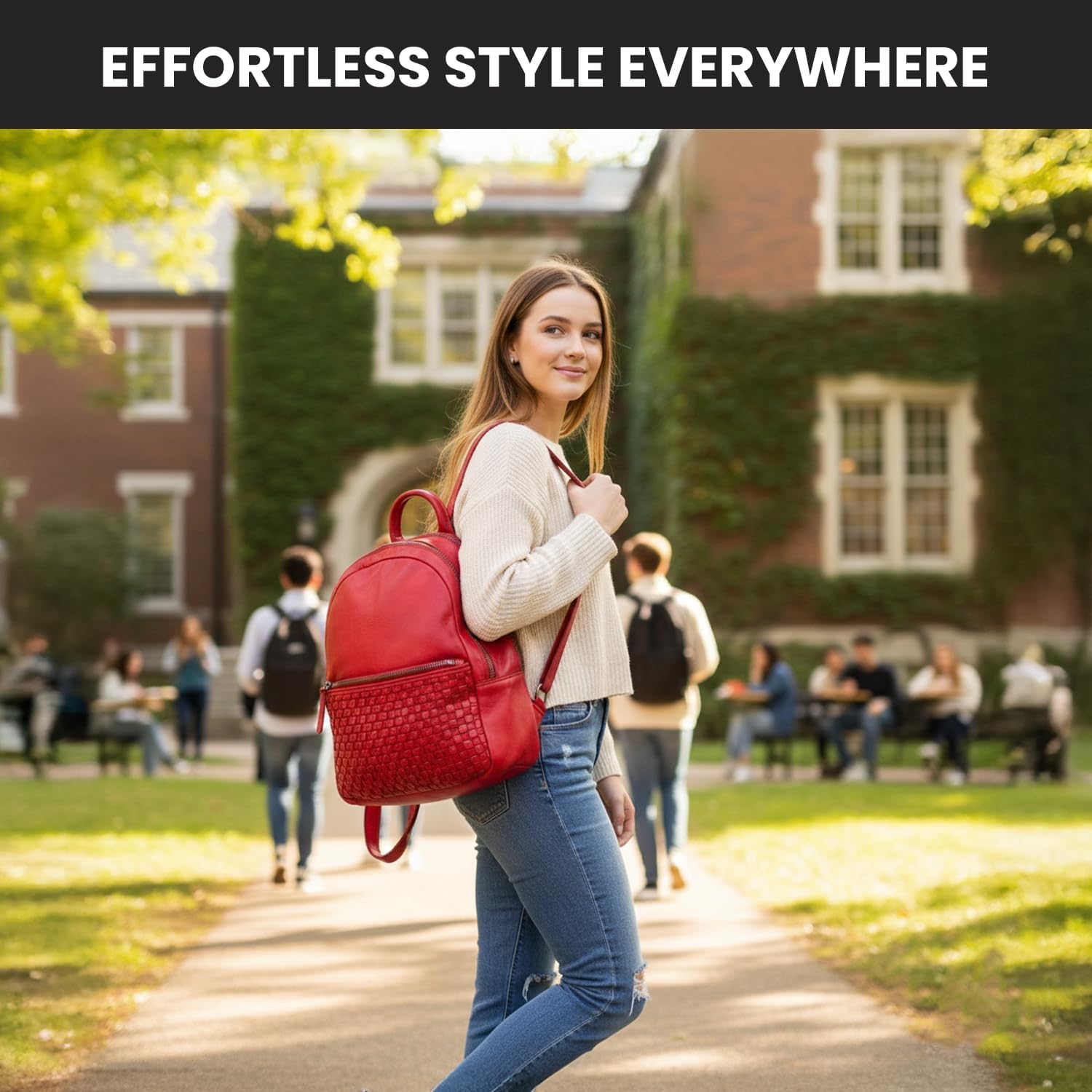 Genuine Leather Backpack for Men, Casual Backpack for Women Office Bag with Adjustable Shoulder Strap (VL-054-RED) - Image 2