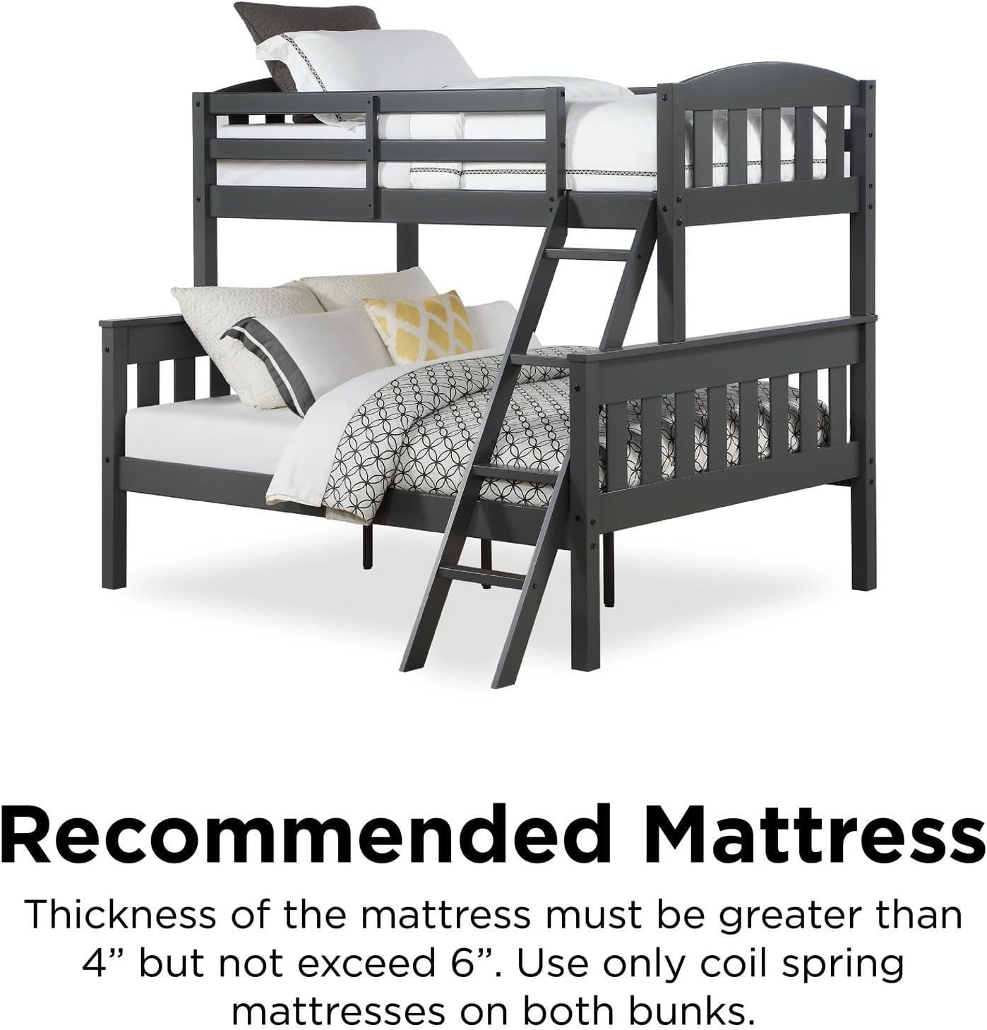 DHP Airlie Convertible Wood Bunk Bed Twin Over Full Size, Stackable and Detachable Bed Frames for Kids, Teens, Angled Ladder, High Guardrail, Wood Slats, No Boxspring Required, Grey