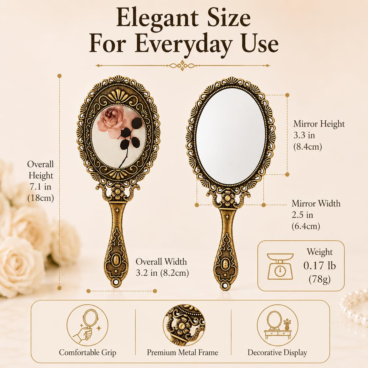 SEHAMANO Hand Mirror with Handle Compact Handheld Makeup Mirror Rose Cosmetic Clear Mirror (Matt Gold (Brass))