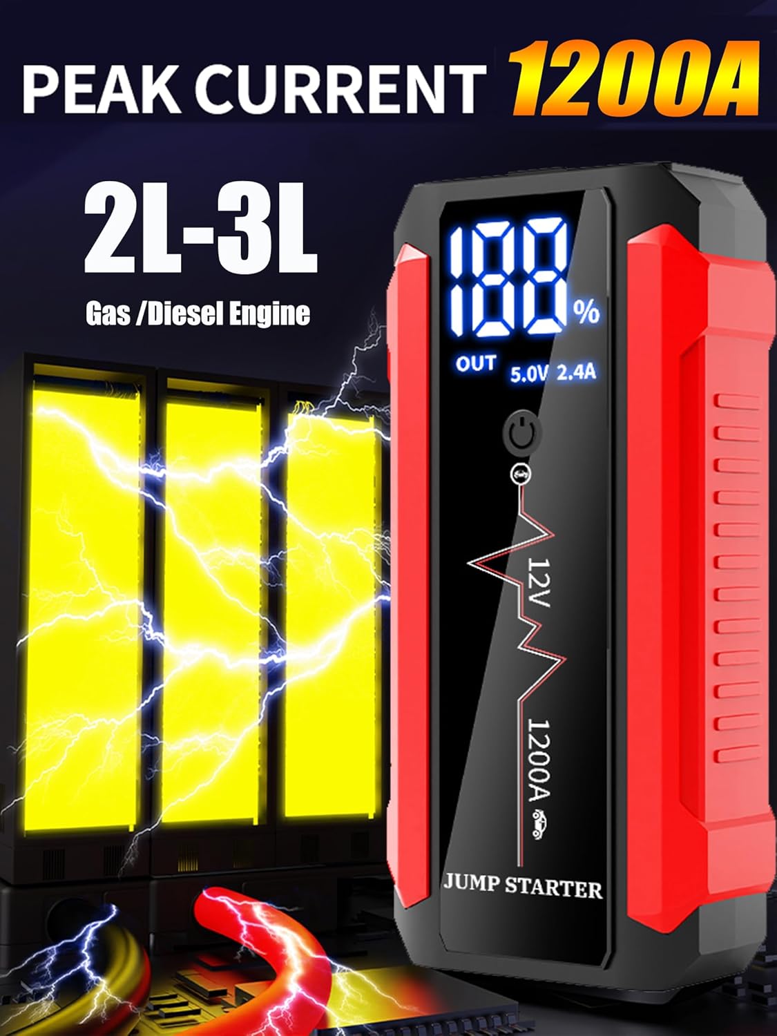 Portable Jump Starter Box,R50 12V Passager Car Battery Booster Pack for 2-3L Gasoline and Diesel Engines