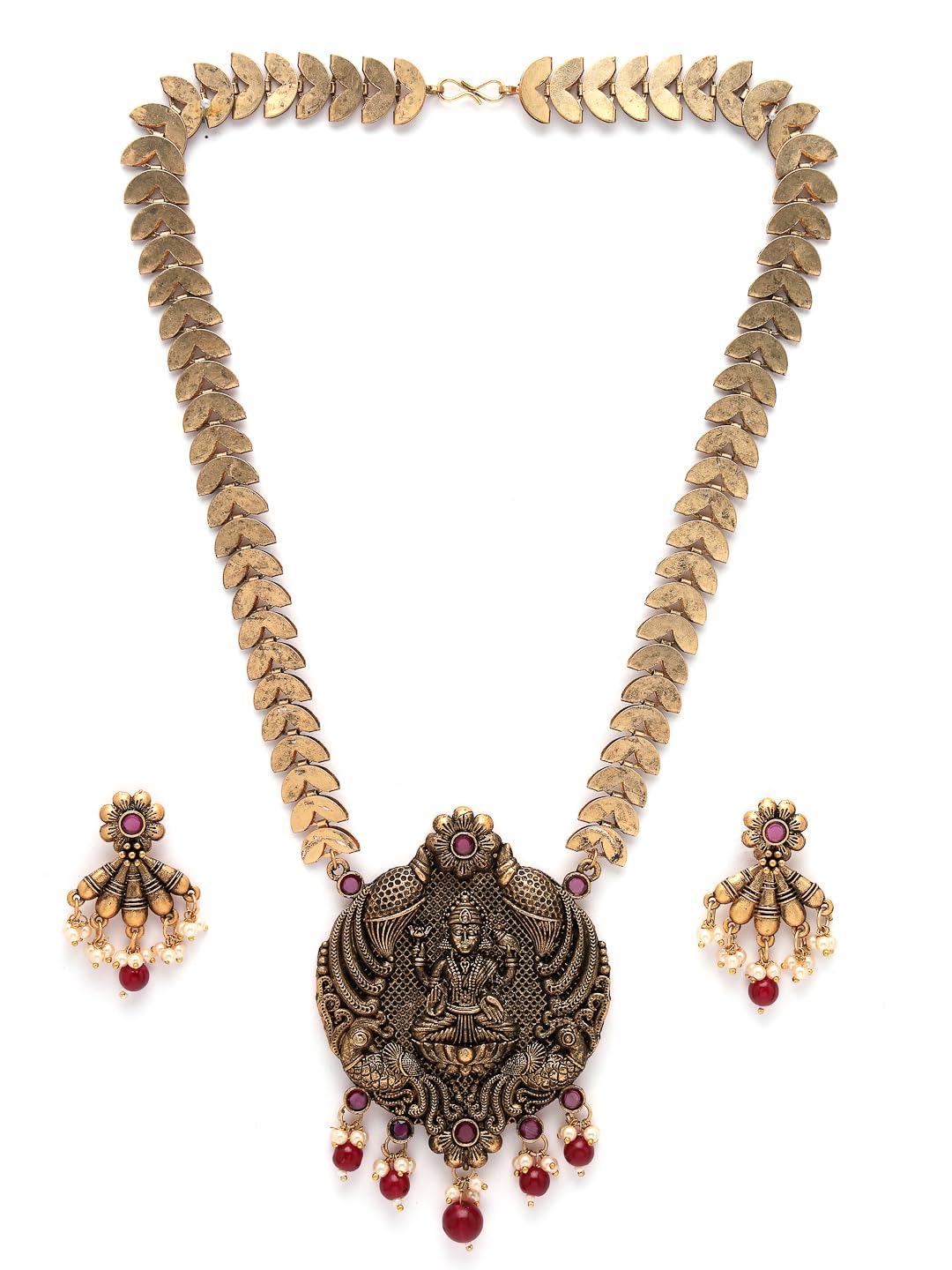 Adiva Latest Stylish Traditional Antique Gold-Plated Pearls & Stone Handcrafted Temple Necklace with Earrings Jewellery Set for Women & Girls