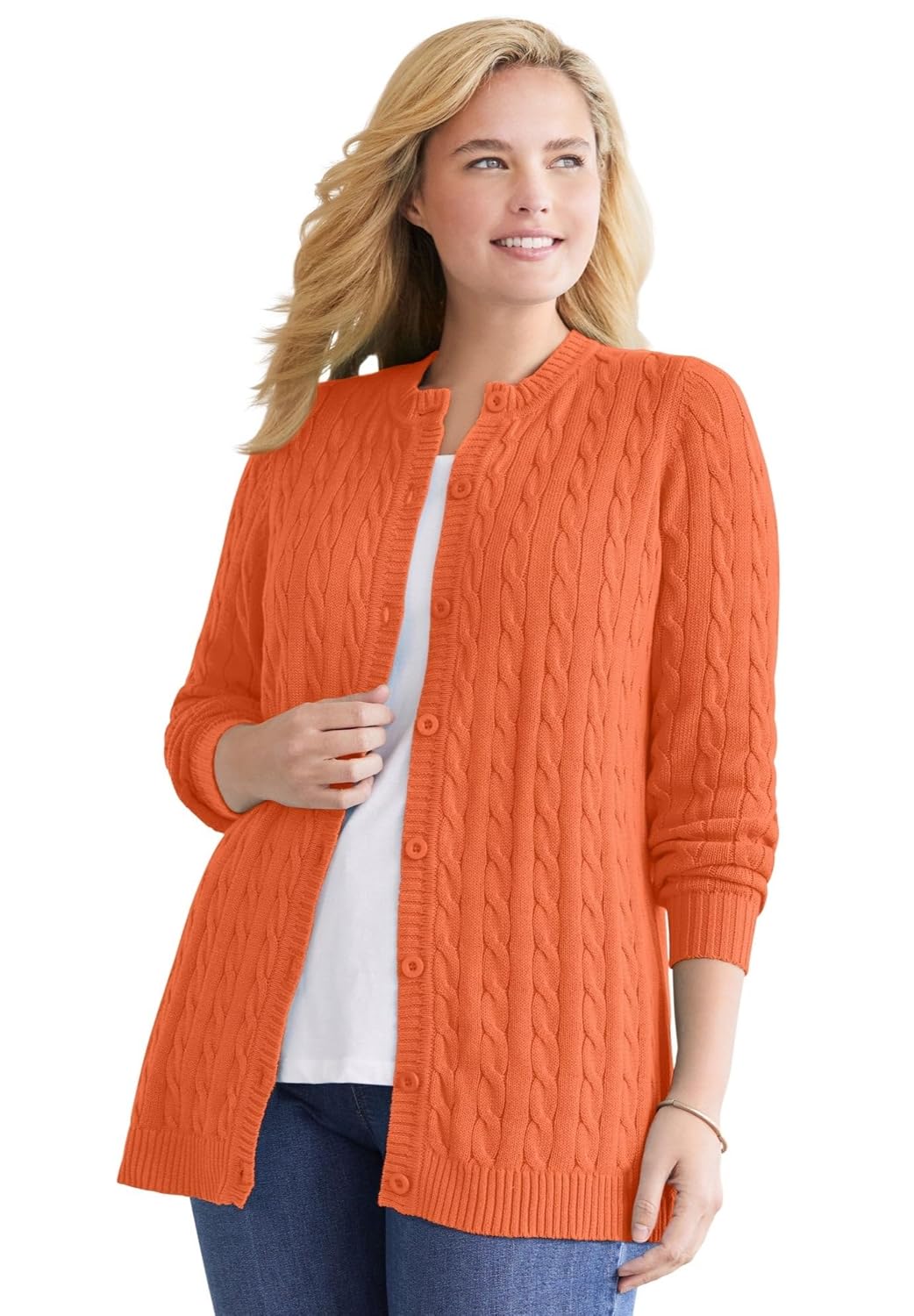 Woman Within Plus Size Cotton Cable Knit Cardigan Sweater