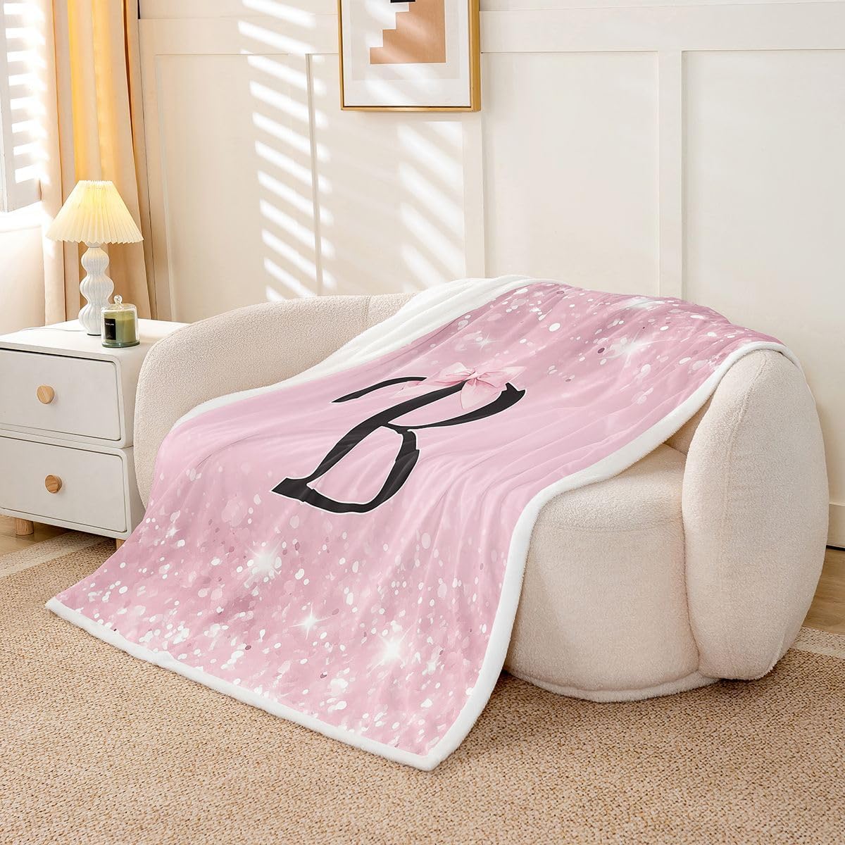Feelyou Kawaii Pink Bow Fleece Throw Blanket Monogrammed Sherpa Blanket Plush Fuzzy Personalized Initial B Twin 60"x80" Cute Coquette Bow Knot for Bed Couch Chair Living Room Bedroom Decor image 2