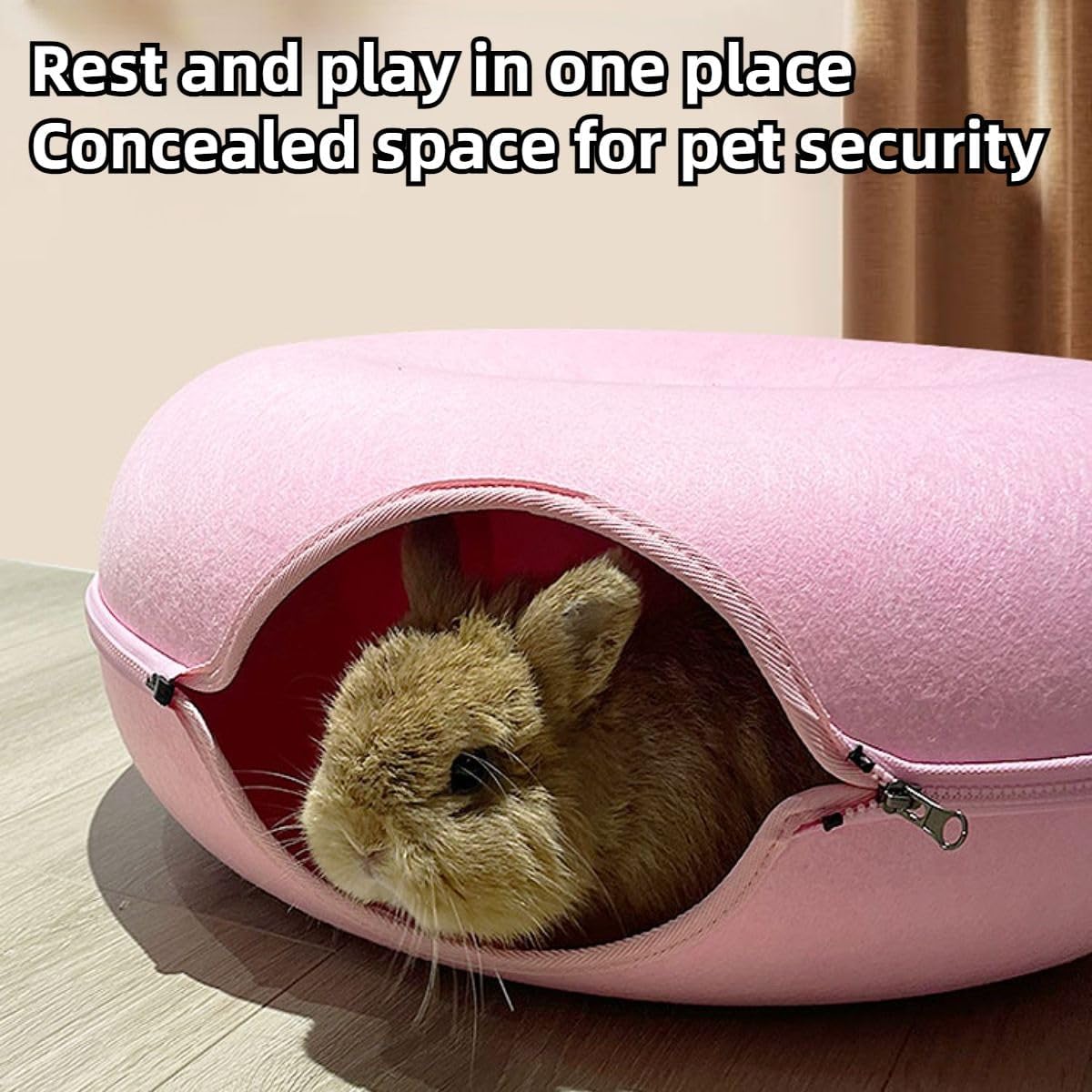 Rabbit Bed, Peekaboo Cave Bed for Guinea Pigs Chinchillas, Donut Tunnel for Bunny, Small Animal House, Detachable Round Felt & Washable Interior Play Tunnel (Blue,Small)