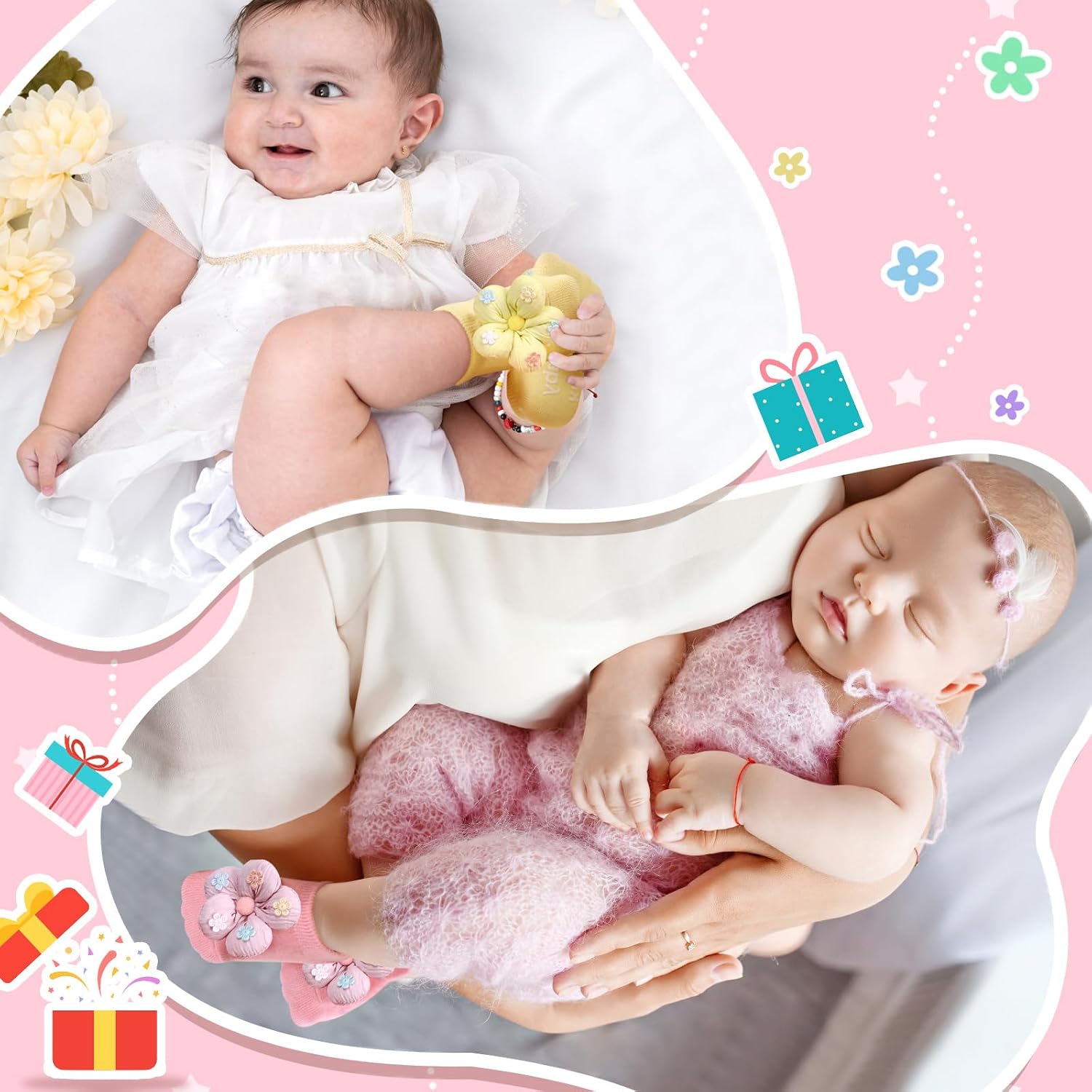 4 Packs Baby Socks for Girls,Flower Non Slip Socks for Newborn Infant Preemie Cute Princess Dress Ankle Sock