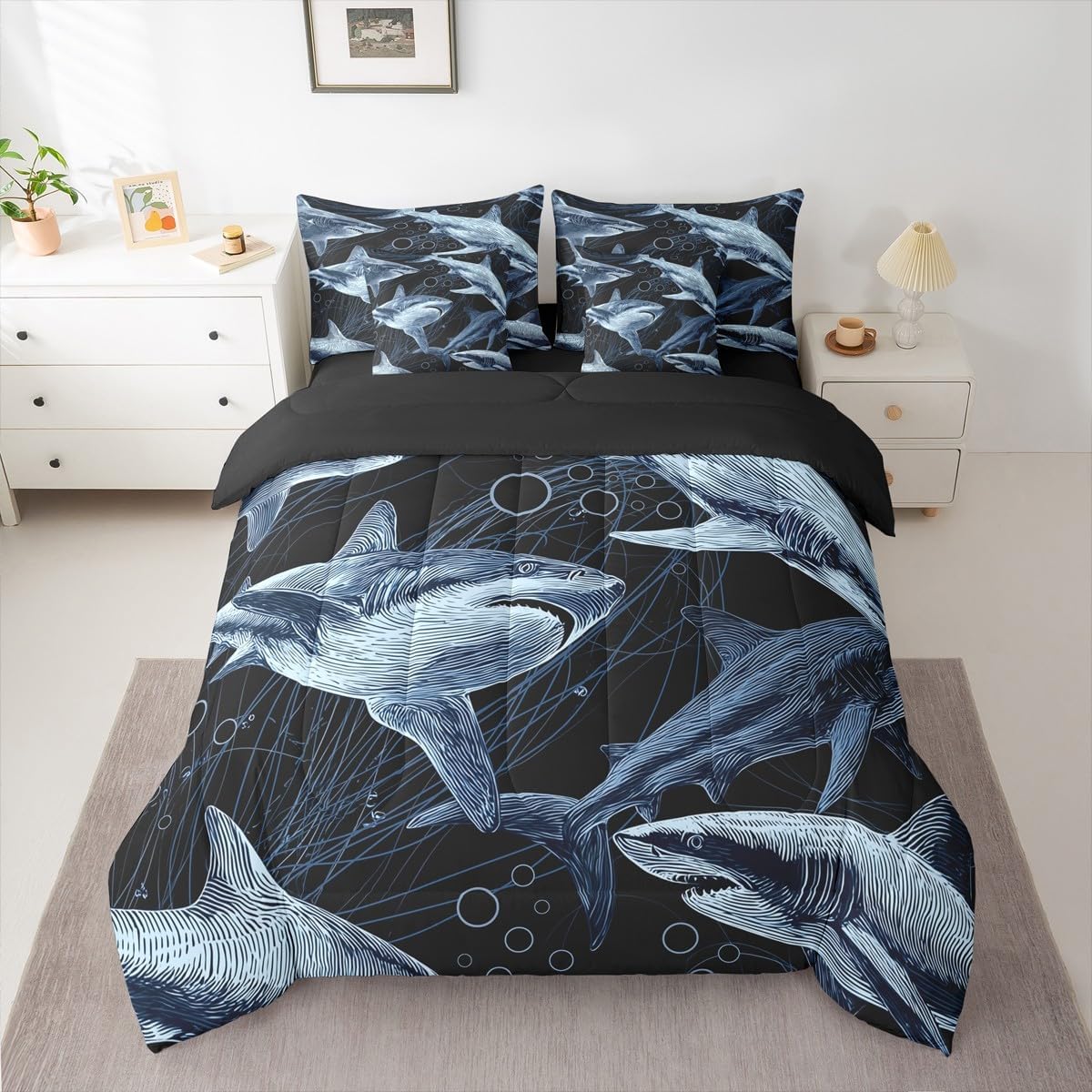 Erosebridal Shark Comforter Set Ferocious Shark Bed in A Bag Queen Size 7 Pieces Underwater World Oasis Bed Set Sea Ocean Animal Bedding