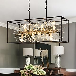 TOCHIC Black and Gold Crystal Chandeliers, Farmhouse Chandelier for Dining Room, 12 Lights Rectangle Light Fixture for Kitchen Island, Modern Chandelier with DIY Crystal for Living Room, Bar, L 38.58"