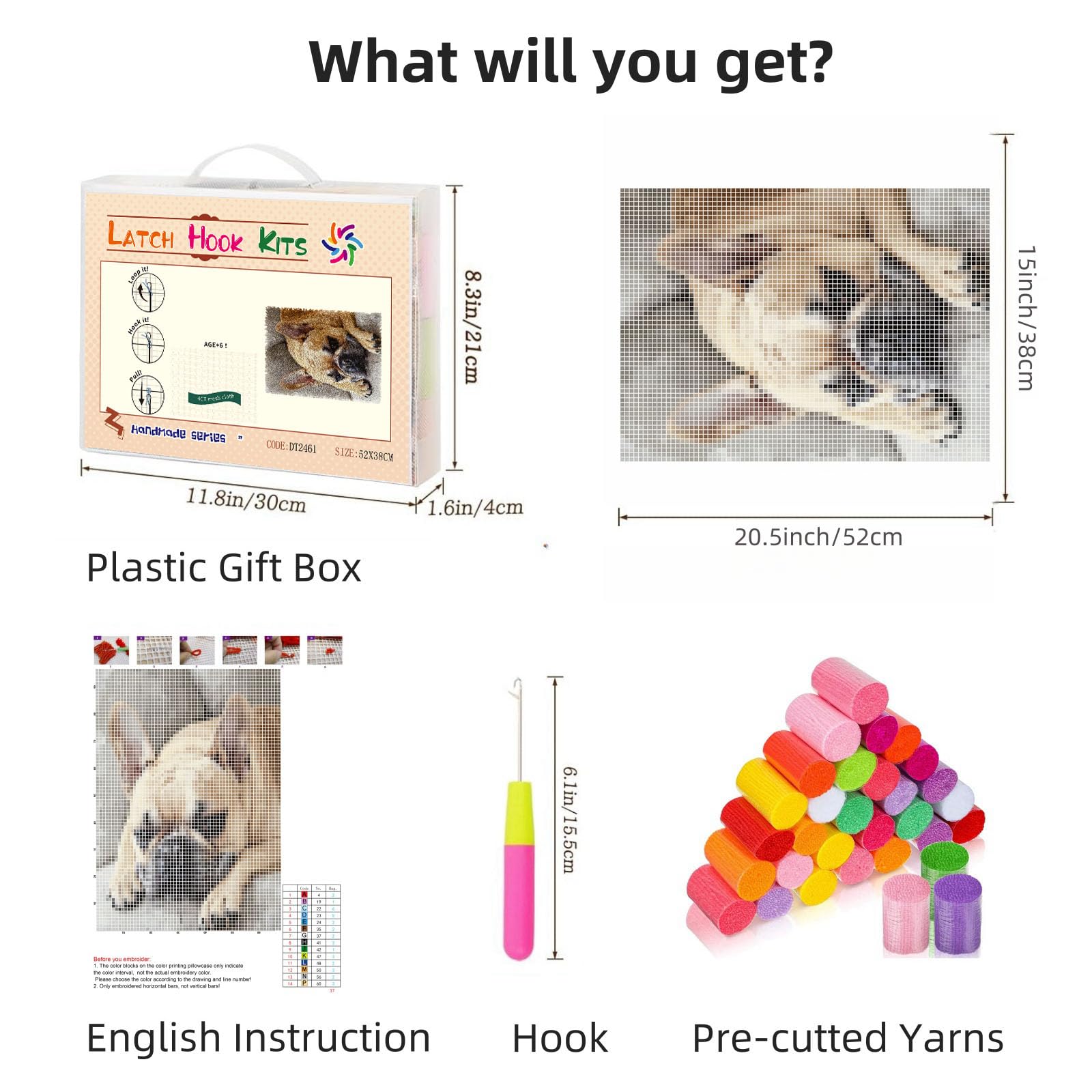 Latch Hook Rug Kit Cute French Bulldog Pre-Printed Handmade Carpet Crochet Yarn Craft DIY Hook and Latch Door Mat Tapestry for Home Floor Decoration 60x40cm-1