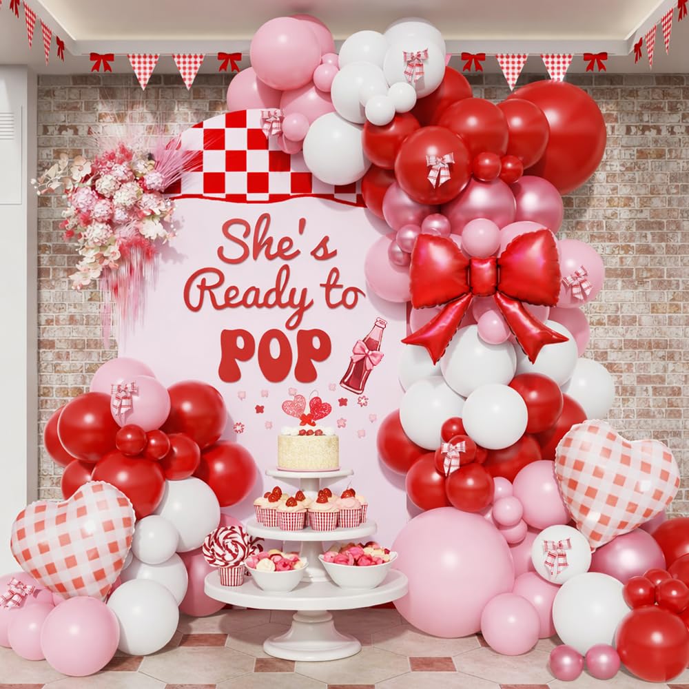 Photo 1 of 144Pcs She's Ready to Pop Balloon Garland Kit, Pink Red White Balloon with Bow foil Balloon Arch Decorations for Girl Baby Shower Birthday Ready to Pop Party Supplies