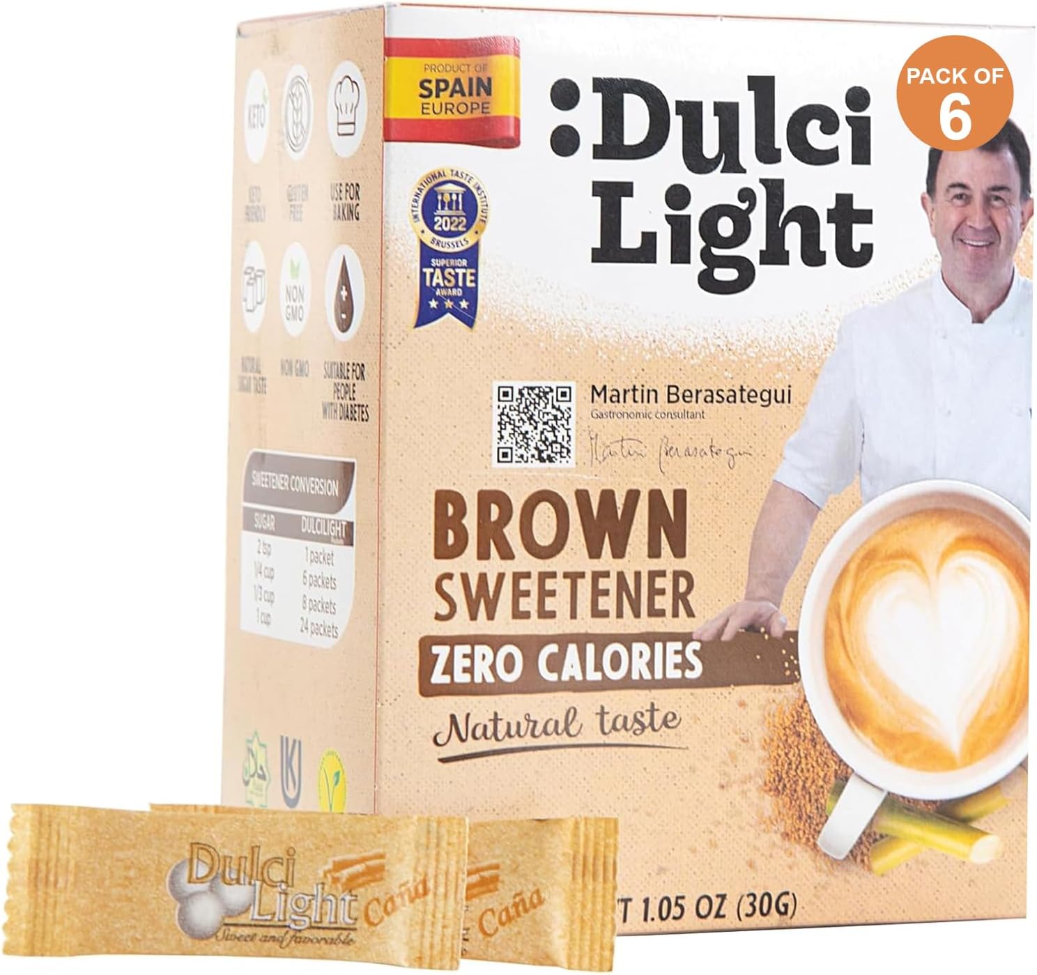 Food Factor Dulci Light Brown Sweetener Sticks Zero Sugar, Zero Calorie, Zero Carb, Cane Honey Sugar Granulated, Keto Friendly, Vegan, Suitable For Diabetic | Made in Spain 0.6 Gm 50 Sticks Pack Of 2