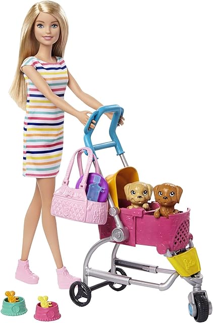 Barbie Stroll n Play Pups Playset with Blonde Barbie Doll (11.5-inch), 2 Puppies, Pet Stroller and Accessories, Gift for 3 to 7 Year Olds