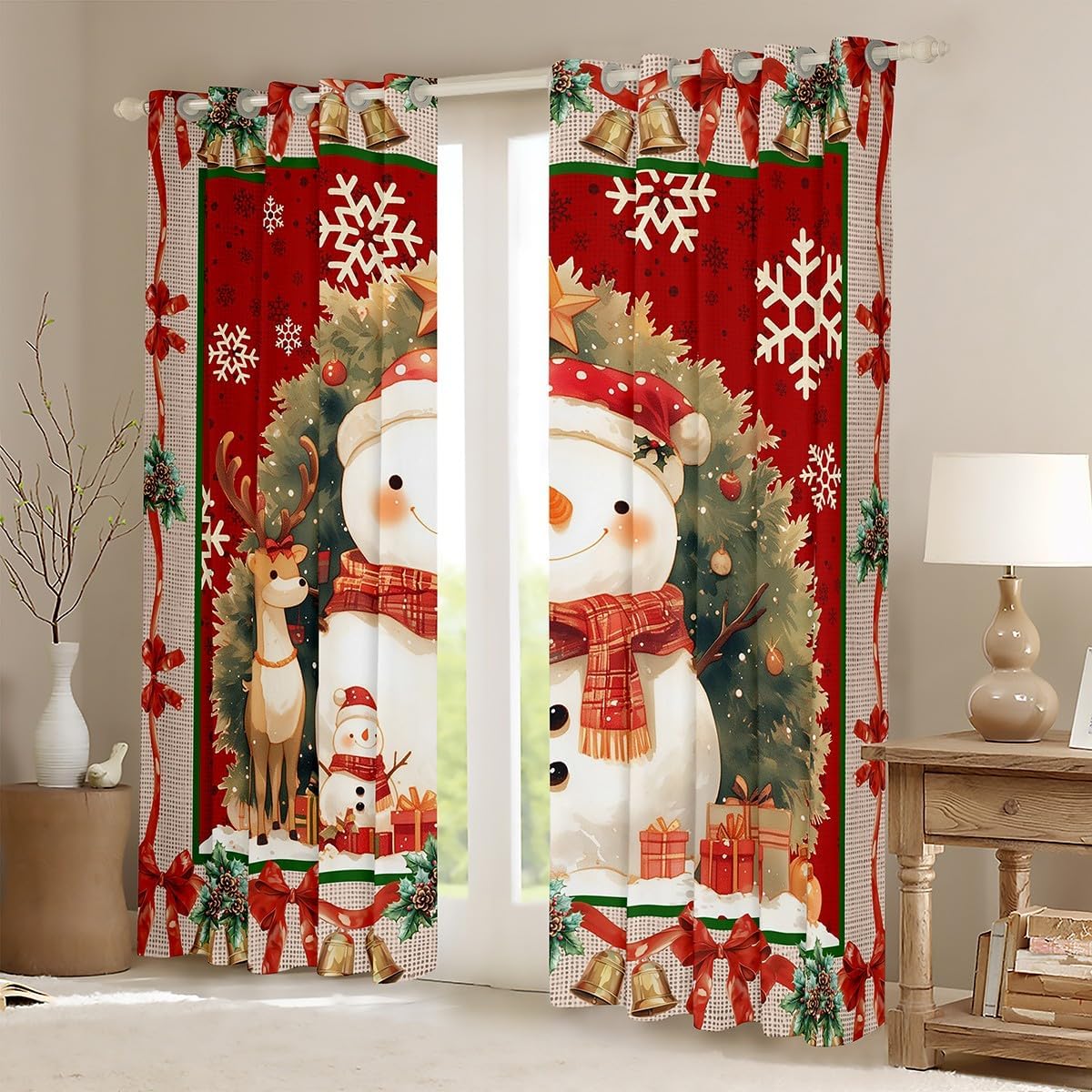 Cute Snowman Kids Window Curtains,Christmas Bowknot Gifts Xmas Tree Reindeer Bedding Set for Boys Girls,Geometric Grids Red Green Window Treatments Grommet Top 2 Panel Set,38Wx45L inch