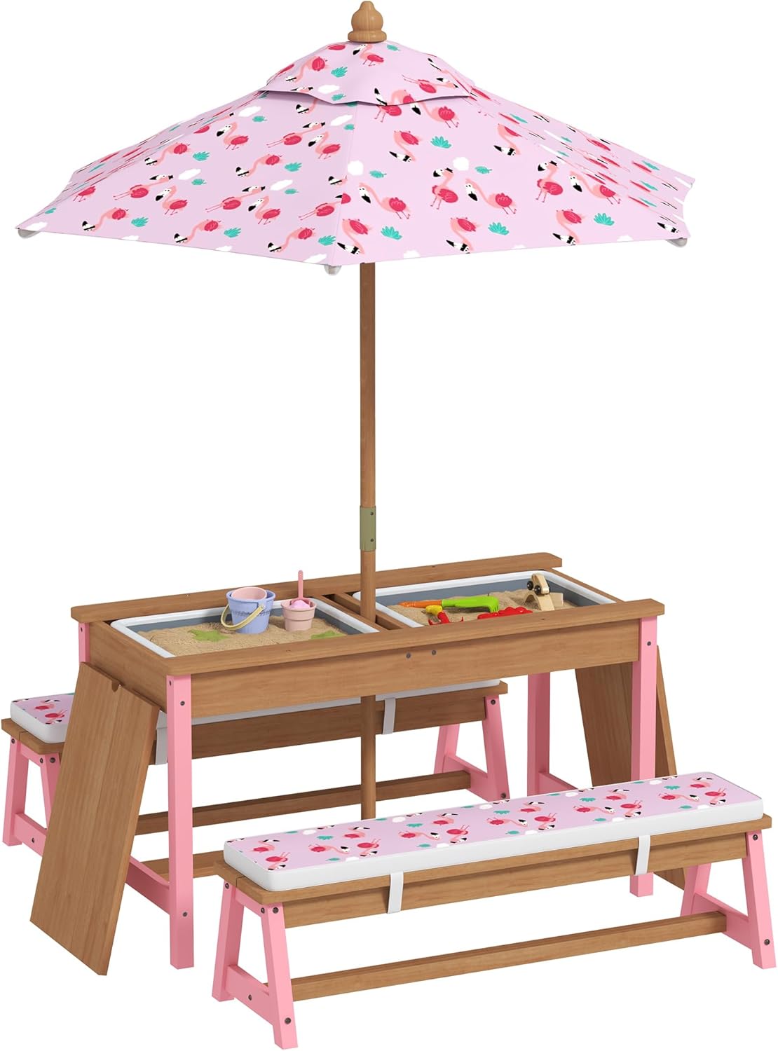 Qaba Kids Picnic Table, Wooden Table and Bench Set with Foldable Umbrella, Removable Cushions & Boxes, Flamingo Theme Children Activity Table Outdoor Furniture for Patio, Pink