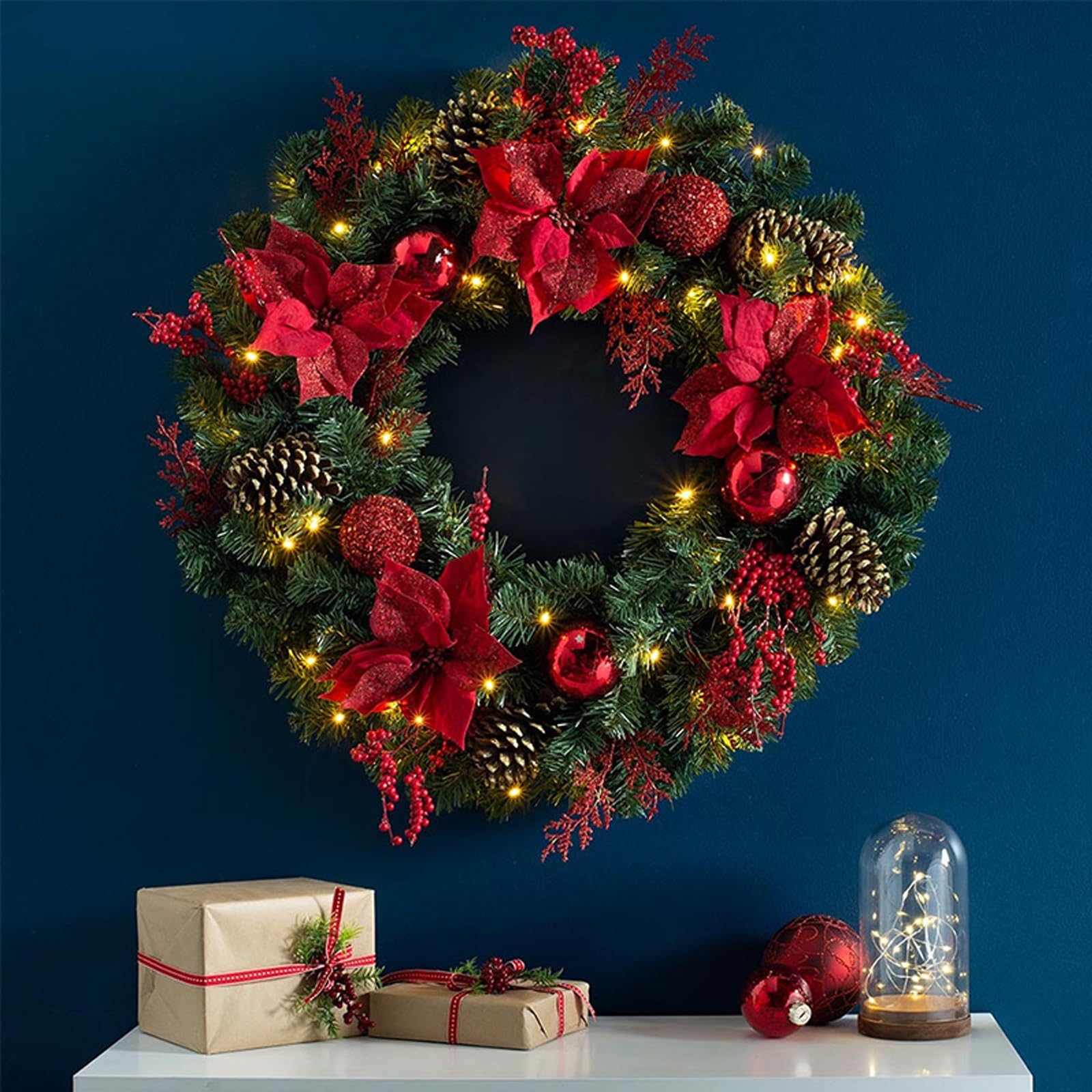 OPFdfhDFH Christmas wreaths, Pre-Lit Artificial Christmas Wreath, Real Touch Garland, with Pine Cones, Red Ball, Flower, Decorations for Door Wall & Mantel(Red,80cm/31.4in)